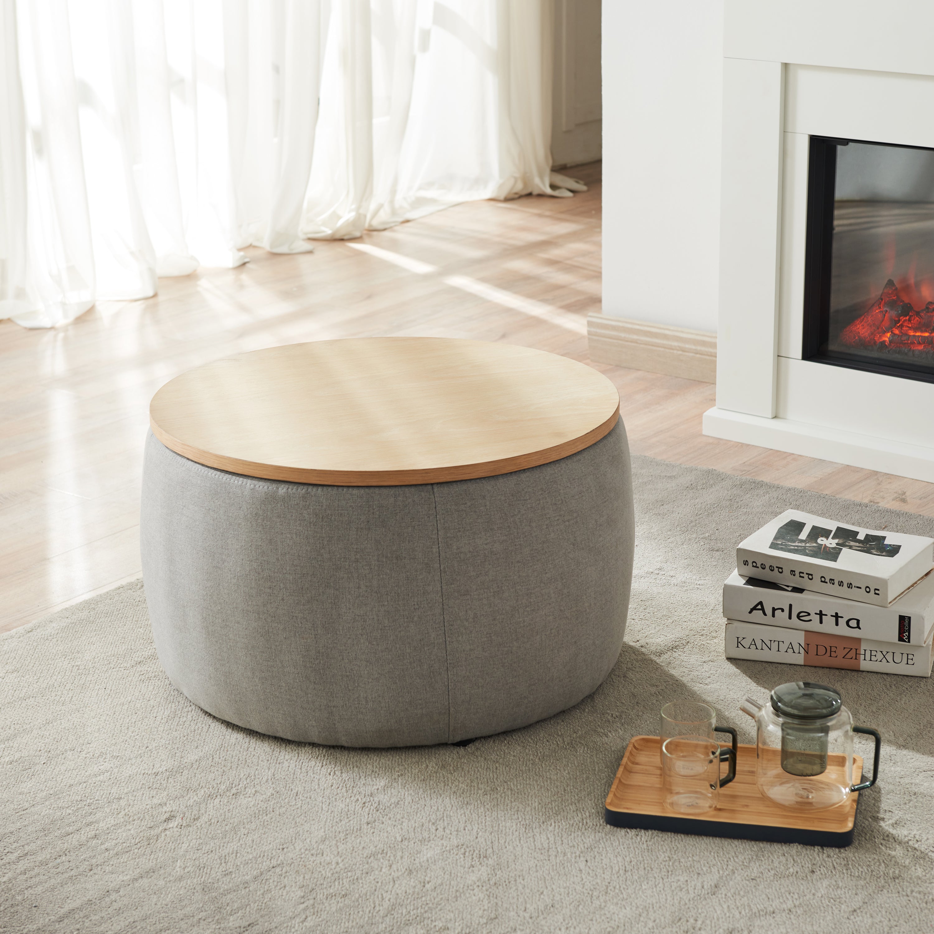 HAOYYE Round Storage Ottoman with 2-in-1 Function, Versatile End Table and Ottoman, Durable Dark Grey Upholstered Ottoman, Sturdy Space-Saving Modern Design, Easy Assembly, Stylish and Functional Home Furniture