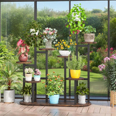 HAOYYE Multi-Tier Metal Plant Stand with High and Low Shelf Design for Indoor Outdoor Use, Holds 11 Pots or More, Space-Saving Flower Stand for Balcony Garden Patio Living Room, Sturdy Wood and Metal Construction