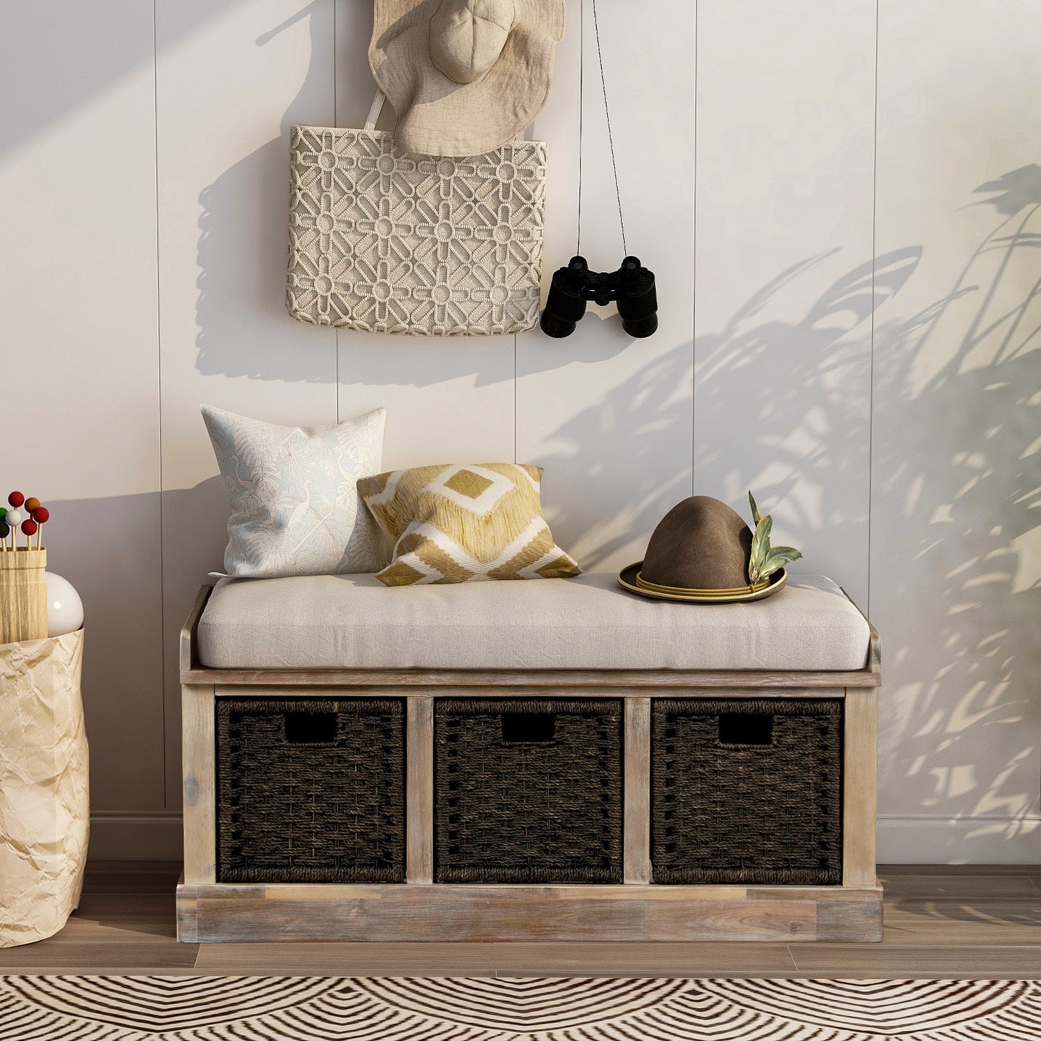 HAOYYE Rustic Storage Bench with 3 Removable Classic Rattan Basket , Entryway Bench with Removable Cushion (White Washed) Sturdy Space-Saving Heavy Duty Modern Design Easy Assembly Durable Stylish