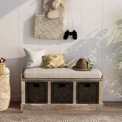 HAOYYE Rustic Storage Bench with 3 Removable Classic Rattan Basket , Entryway Bench with Removable Cushion (White Washed) Sturdy Space-Saving Heavy Duty Modern Design Easy Assembly Durable Stylish