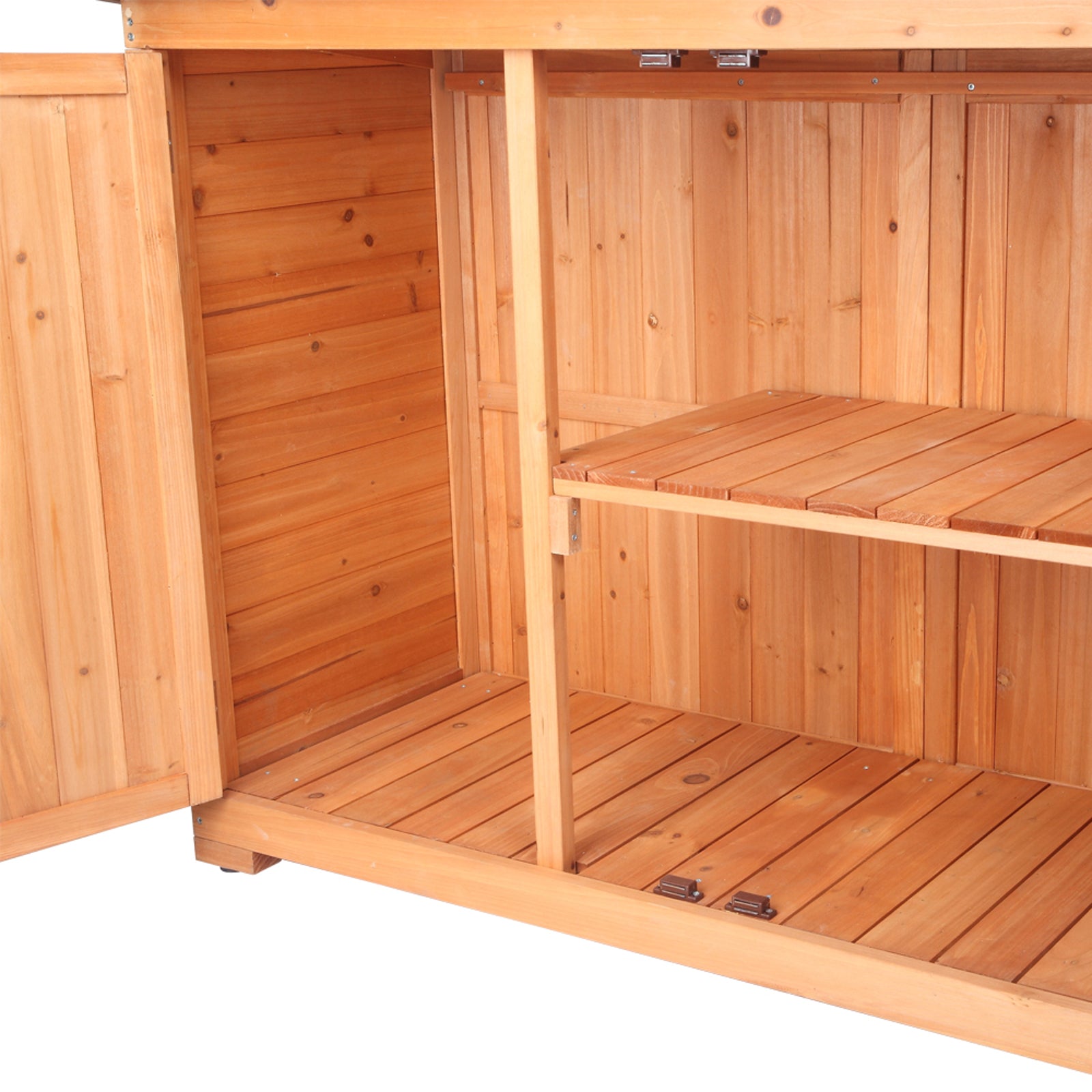 HAOYYE Double Doors Fir Wood Outdoor Storage Cabinet with Lock, Weatherproof Garden Shed Locker for Tools and Patio Supplies, Vertical Organizer Unit with Shelves for Backyard, Porch, or Balcony Use Orange Red