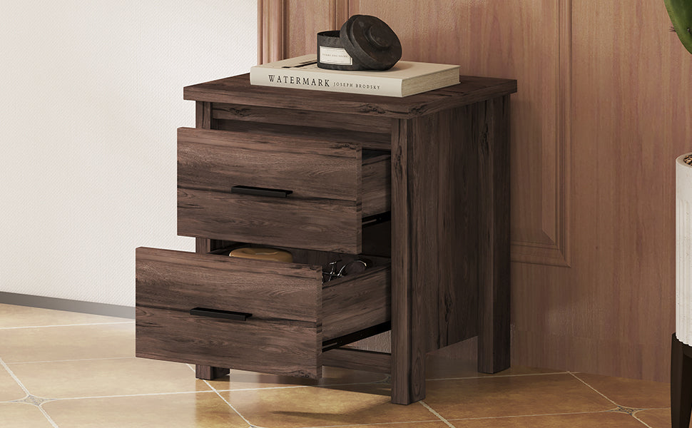 HAOYYE Vintage Nightstand with Two Drawers, Dark Walnut Sturdy Space-Saving Design, Heavy Duty Modern Bedroom Furniture for Adults, Easy Assembly