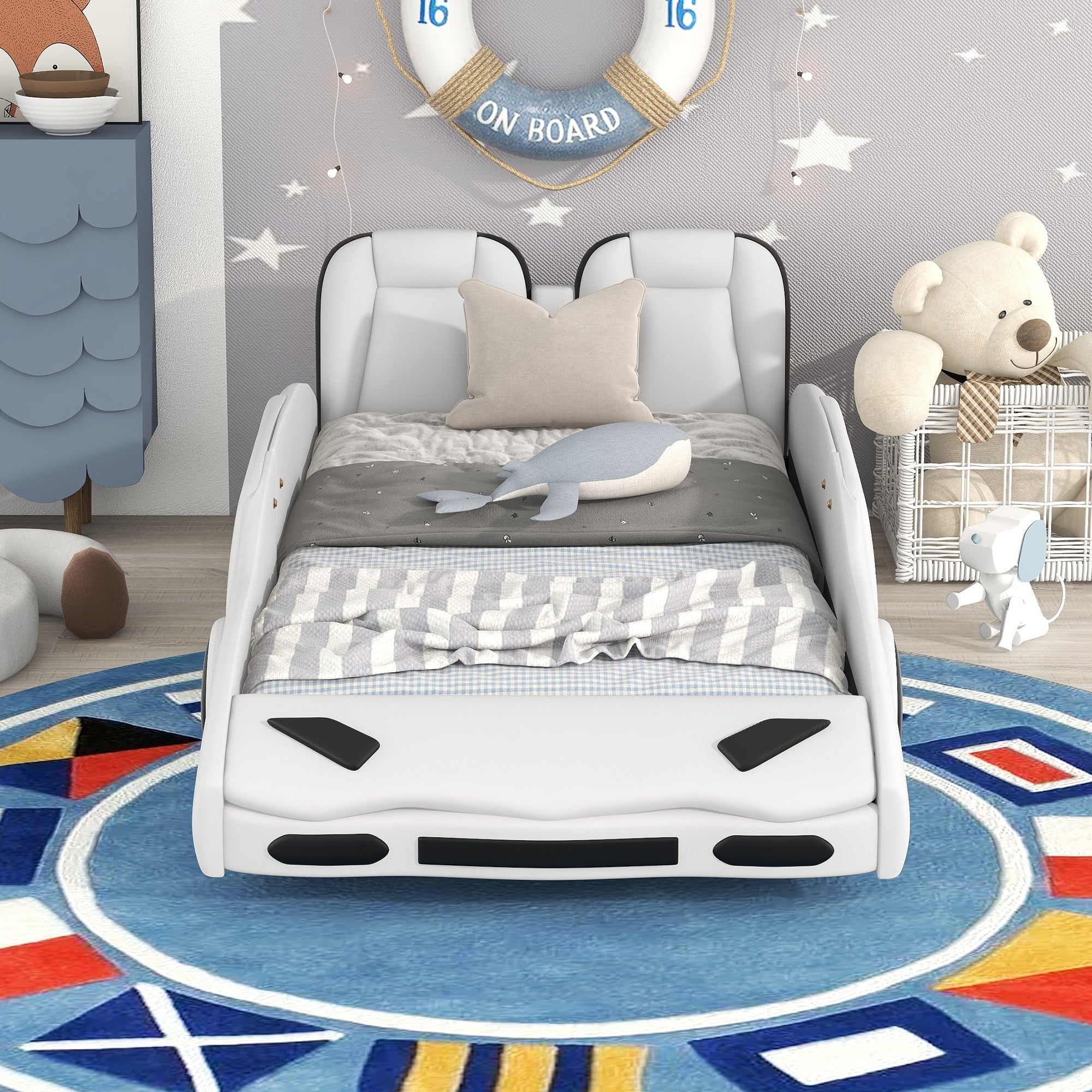 HAOYYE Twin Size Race Car-Shaped Platform Bed with Wheels, White Sturdy Space-Saving Heavy Duty Modern Design Adults Dorm Room Easy Assembly Bedroom Furniture