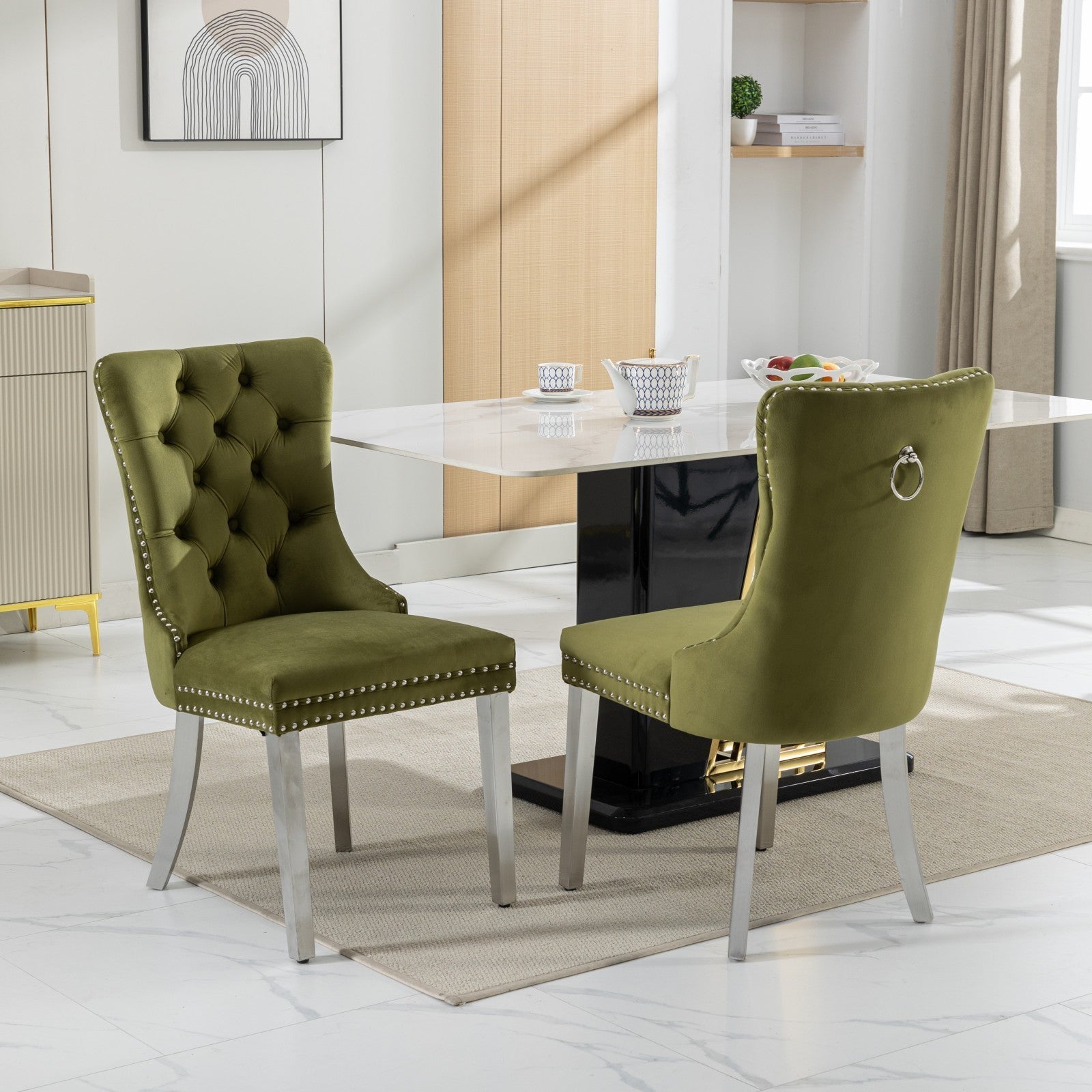 HAOYYE High-end Tufted Solid Wood Contemporary Velvet Upholstered Dining Chair with Chrome Stainless Steel Plating Legs,Nailhead Trim,Set of 2,Olive-Green and Chrome, SW1701OL Sturdy