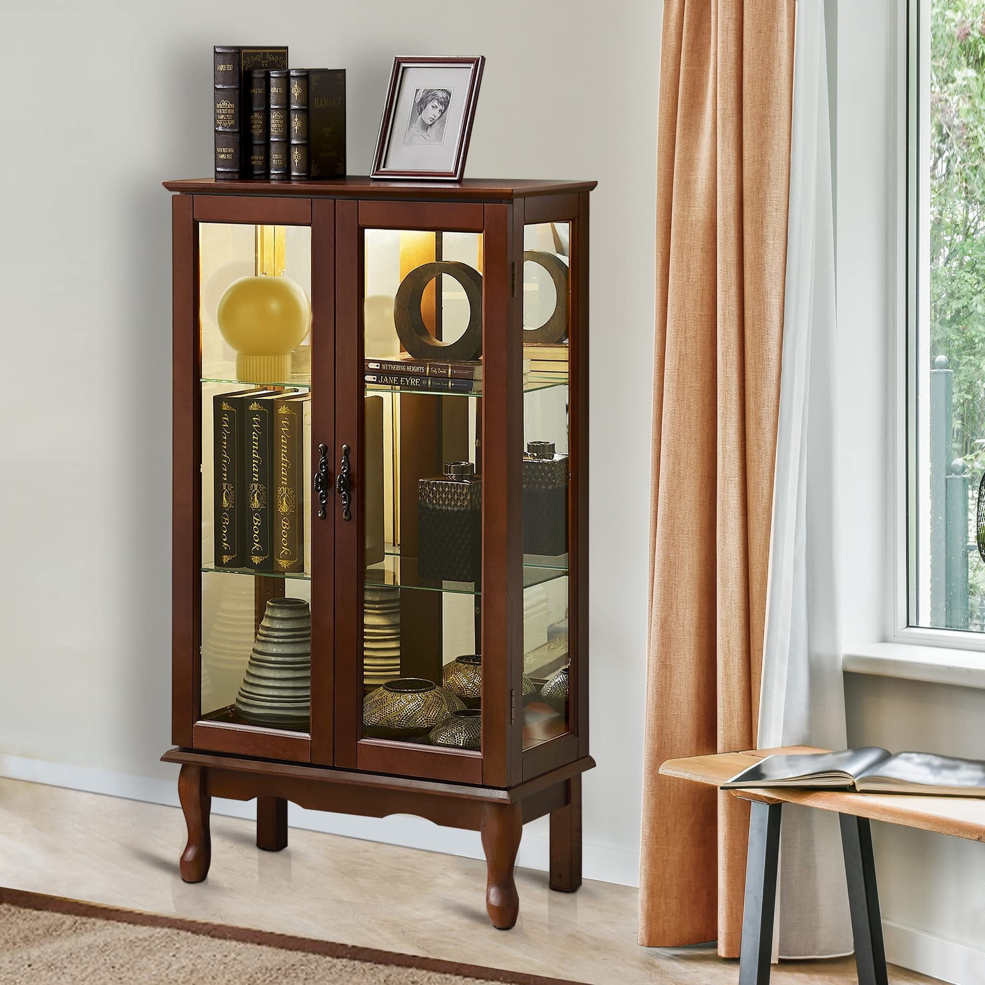 HAOYYE Lighted Curio Cabinet With Adjustable Shelves, Mirrored Back Panel, Tempered Glass Doors, Walnut Finish, 3 Tier Sturdy Space-Saving Heavy Duty Display Case For Living Room, Dining Room, Office