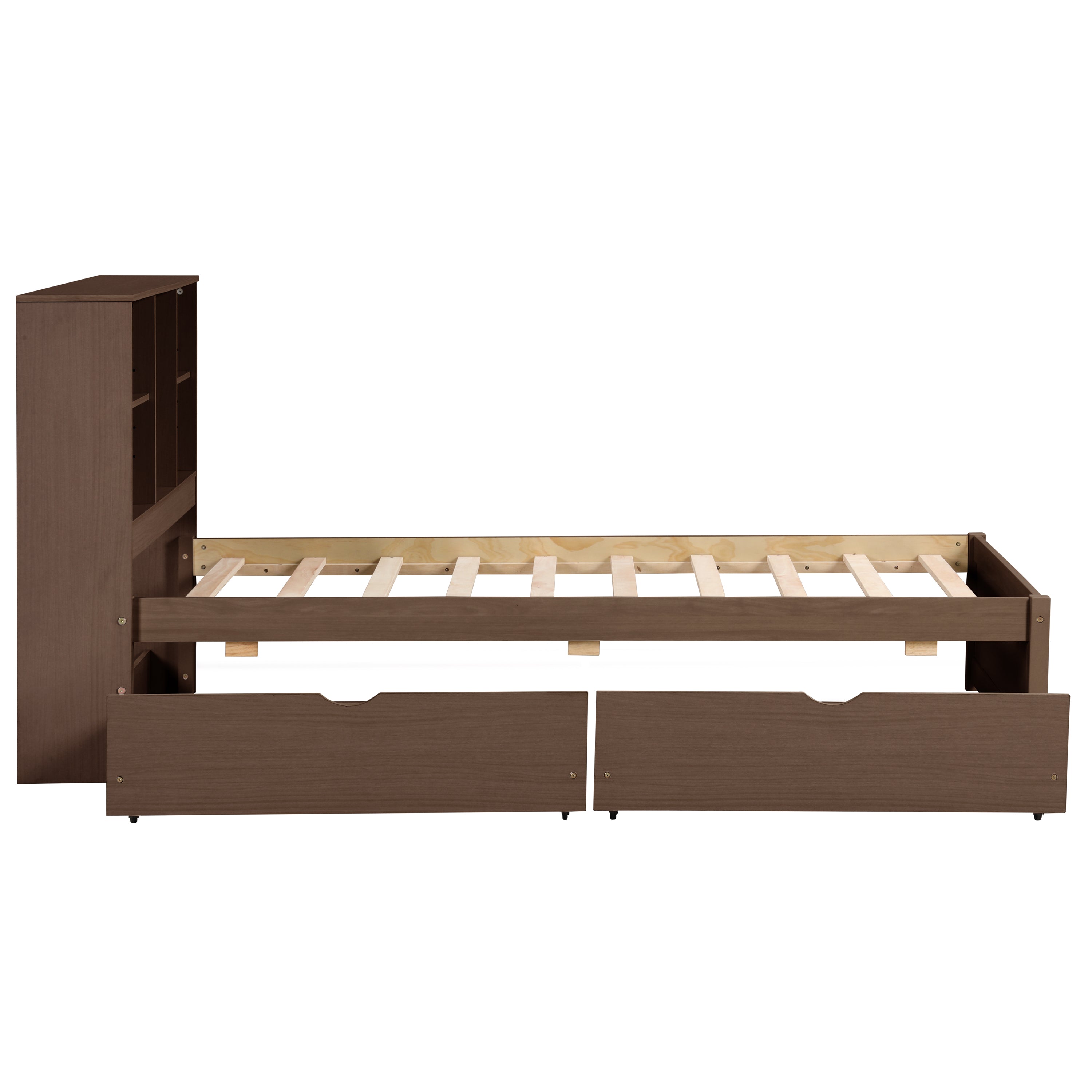 HAOYYE Twin Bed Frame with USB Port, Bookcase Headboard and Storage Drawers, Walnut Finish, Sturdy Space-Saving Design, Heavy Duty, Easy Assembly, Ideal for Bedroom and Dorm Room