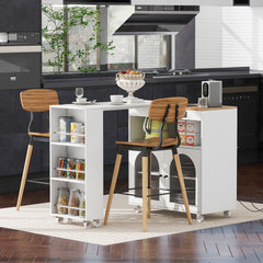 HAOYYE K&K Rolling Kitchen Island With Extended Table, Kitchen island on Wheels with LED Lights,Power Outlets and 2 Fluted Glass Doors, Kitchen Island with a Storage Compartment and Side 3 Open Shelves,White