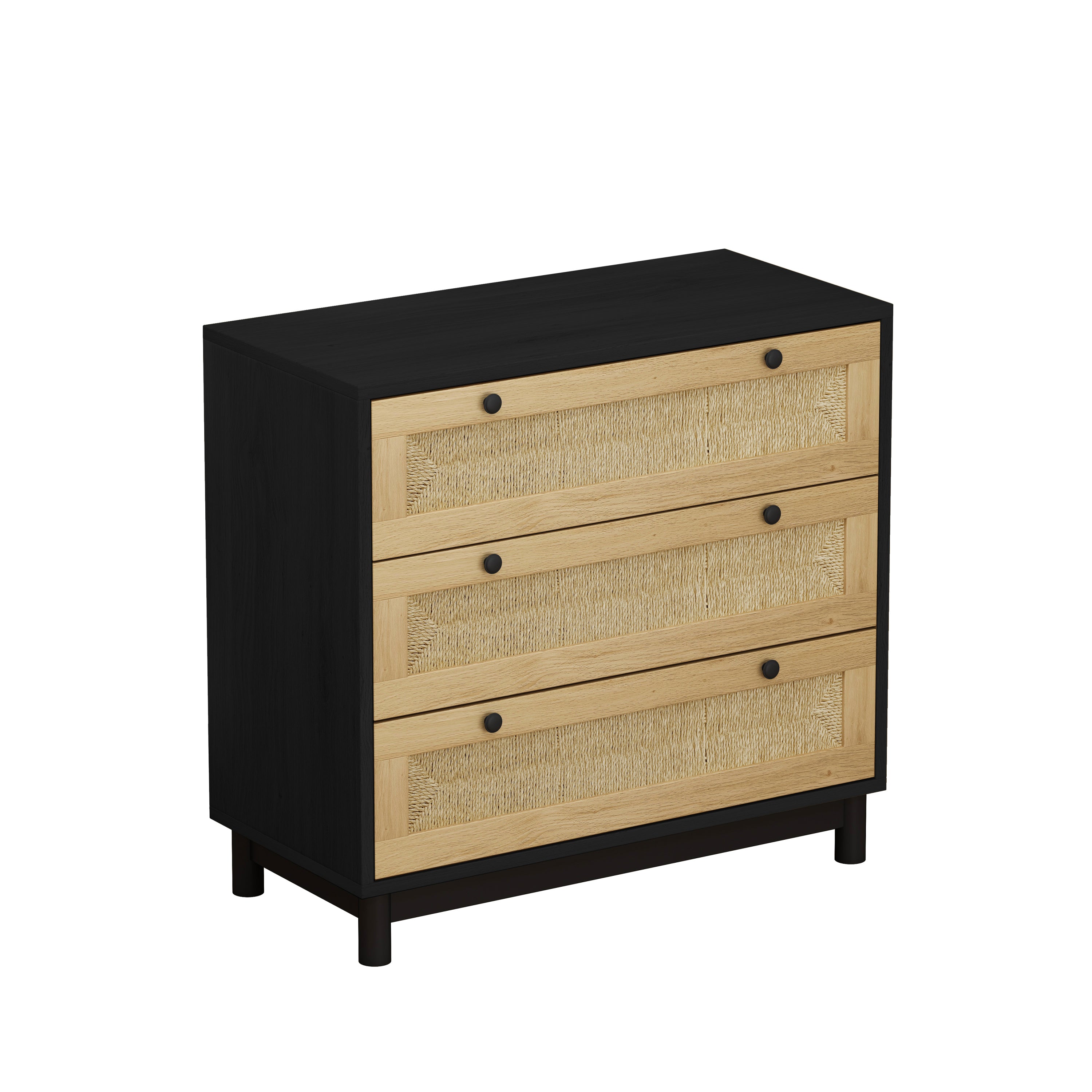 HAOYYE 3-Drawer Storage Cabinet with Rope Woven Drawers, Sturdy Black Design for Bedroom, Living Room, Dining Room, Hallways, Heavy Duty, Space-Saving, Durable, Easy Assembly, Stylish and Versatile Home Furniture