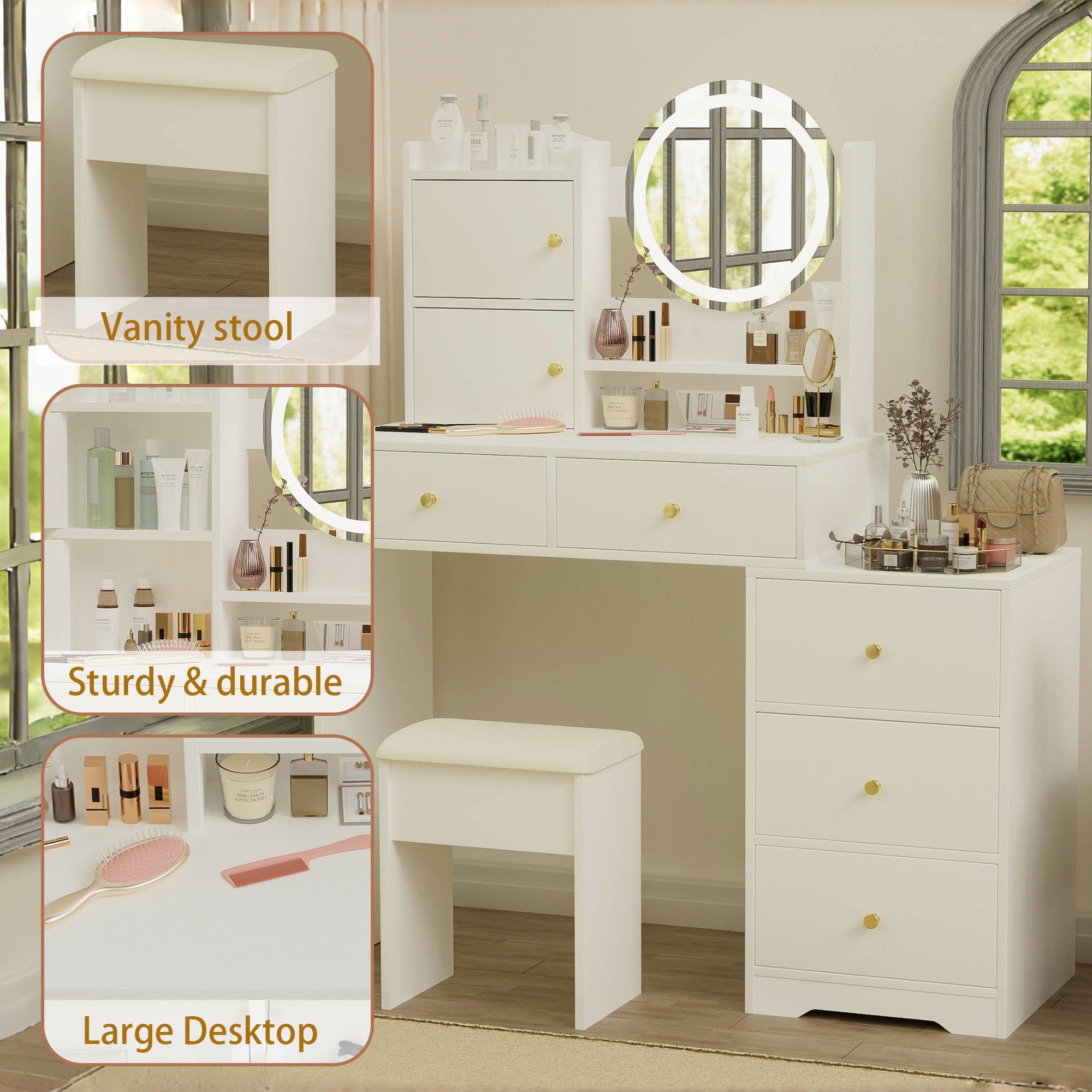 HAOYYE Fashion Vanity Desk with Mirror and Lights for Makeup and Cushioned Chair, Vanity Mirror with Lights and Table Set with 3 Color Lighting Brightness Adjustable,Dressing table, White Color Sturdy