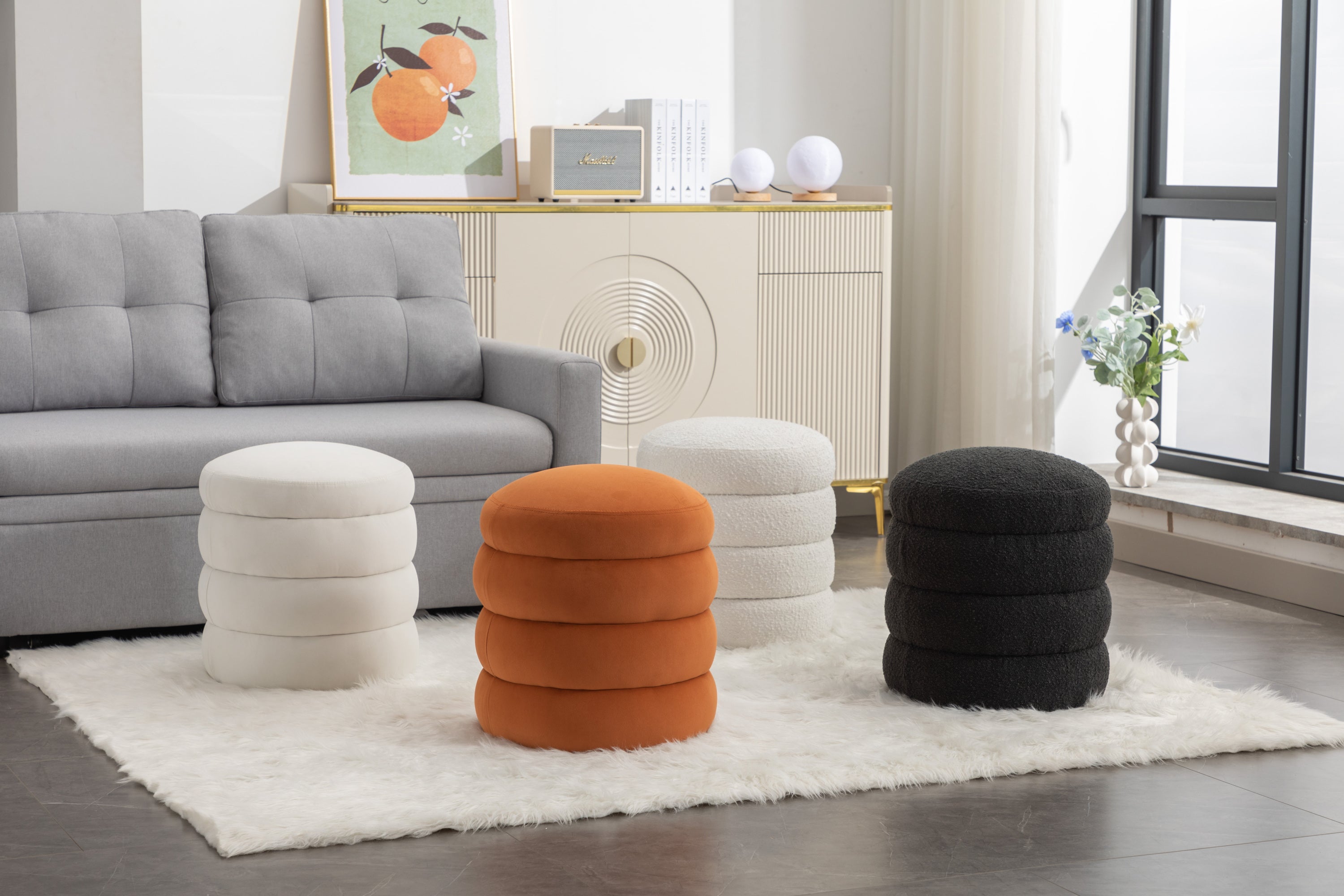 Haoyye Velvet Round Ottoman Footrest Stool, Soft Foam Padded Upholstered Footstool with Wooden Frame, Modern Space-Saving Accent Ottoman for Living Room, Bedroom, or Entryway, No Assembly Needed, Comfortable and Versatile Home Furniture