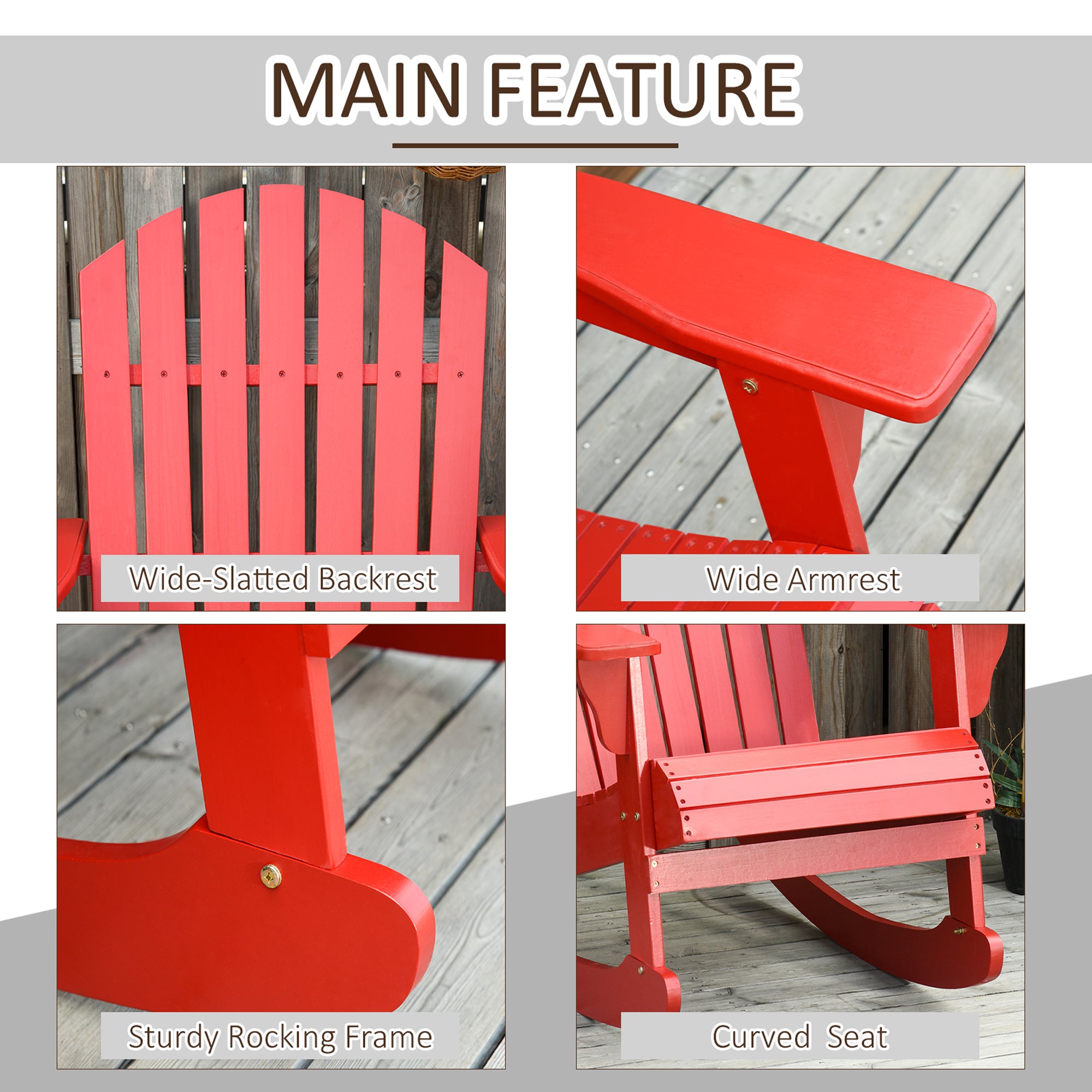 HAOYYE Red Rocking Adirondack Chair Made from Solid Weather-Resistant Fir Wood with Painted Finish, Wide Ergonomic Seat and Fan-Shaped Backrest for Ultimate Comfort, Slatted Design for Quick Drainage, Perfect for Porch Balcony Backyard Relaxation