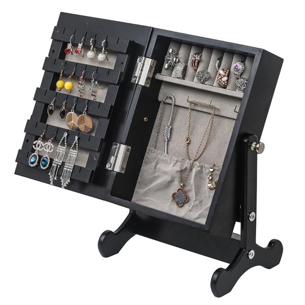 HAOYYE Small Black Mirror Jewelry Cabinet Organizer Armoire with Stand Countertop Storage Box for Rings Necklaces Earrings Makeup and Accessories Compact and Stylish Space-Saving Design for Bedroom or Vanity Table