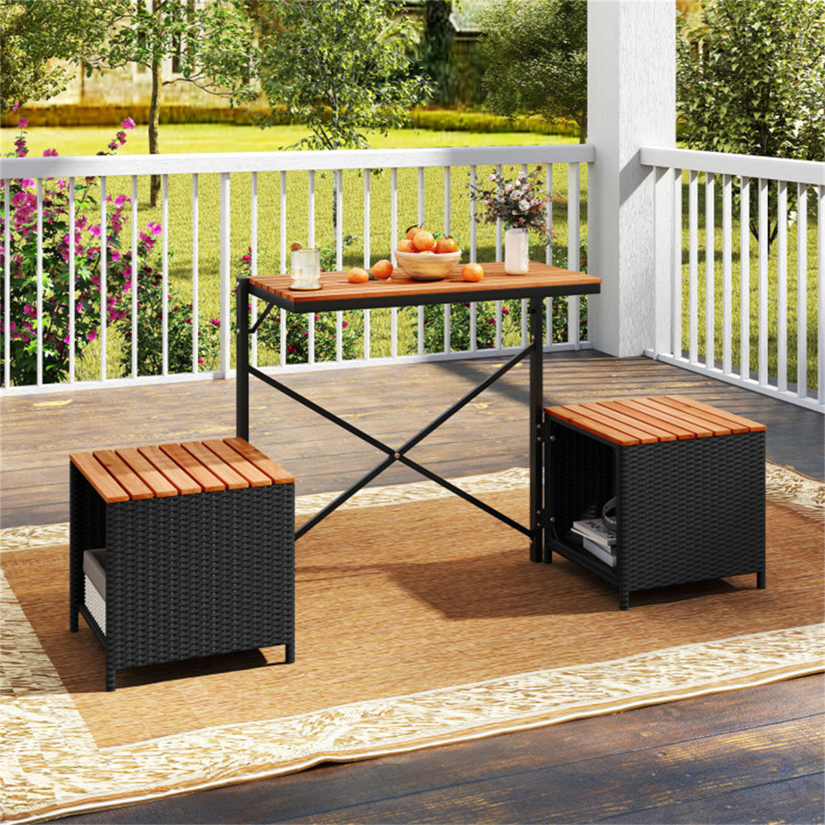 HAOYYE Black PE Rattan 2-in-1 Convertible Picnic Table and Chair Set with Storage, Hand-Woven Weather-Resistant Outdoor Furniture, Solid Acacia Wood Frame, Heavy-Duty Metal Support, Perfect for Patio, Garden, Backyard, Porch Use