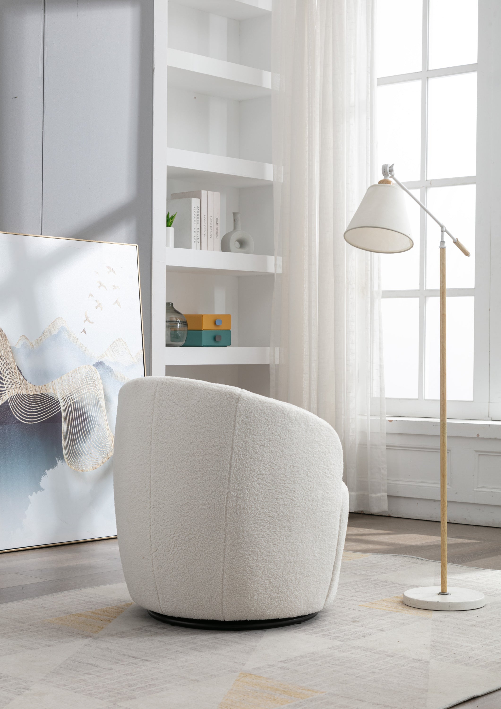 HAOYYE Teddy Fabric Swivel Accent Armchair Barrel Chair With Black Powder Coating Metal Ring,Ivory White Sturdy Space-Saving Heavy Duty Modern Design Easy Assembly Durable Stylish Home Furniture Versatile