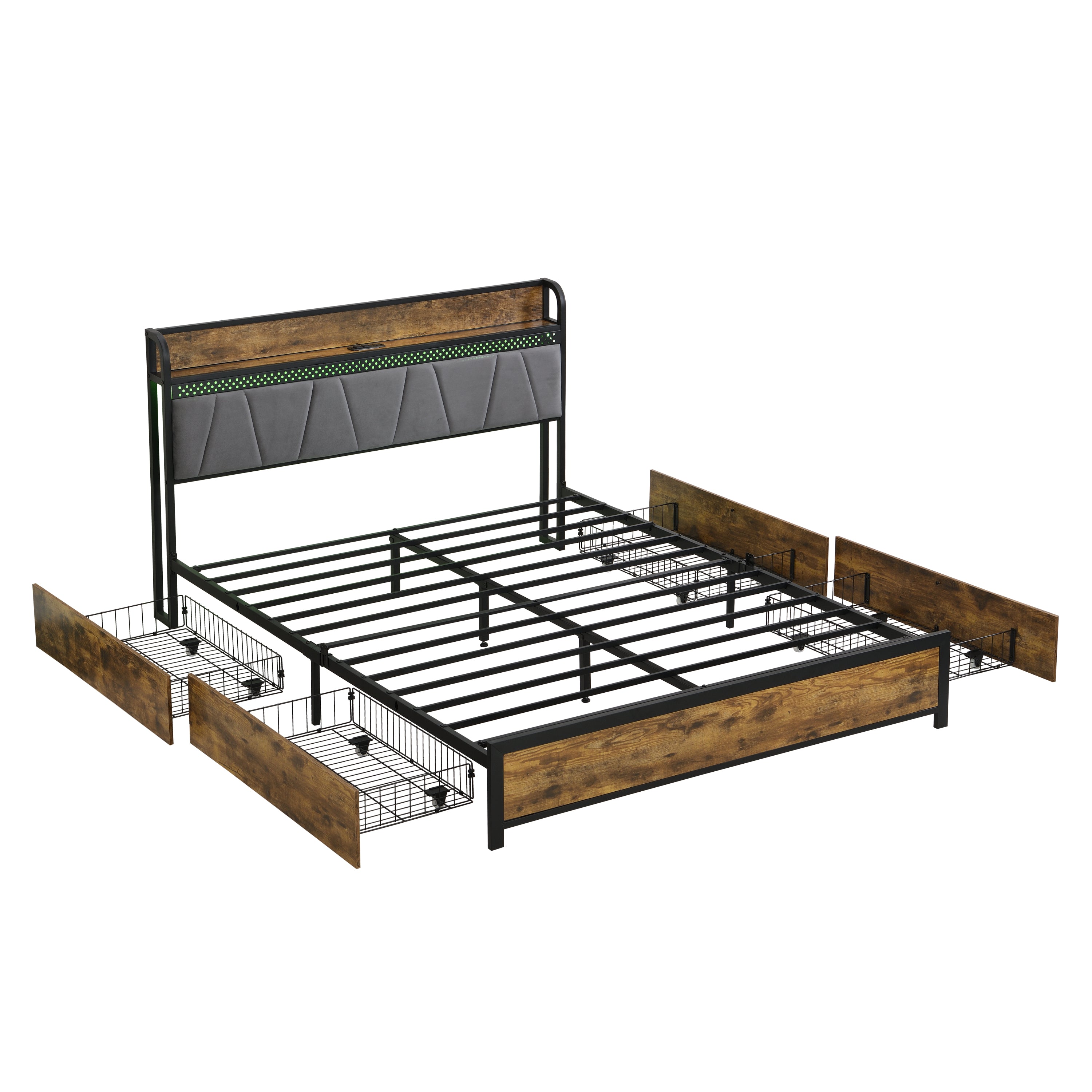 HAOYYE Full Size Bed Frame with Storage Headboard, Charging Station, LED Lights, and Four Drawers, Brown and Gray, Sturdy Space-Saving Design, Heavy Duty Construction, Modern Stylish Home Furniture
