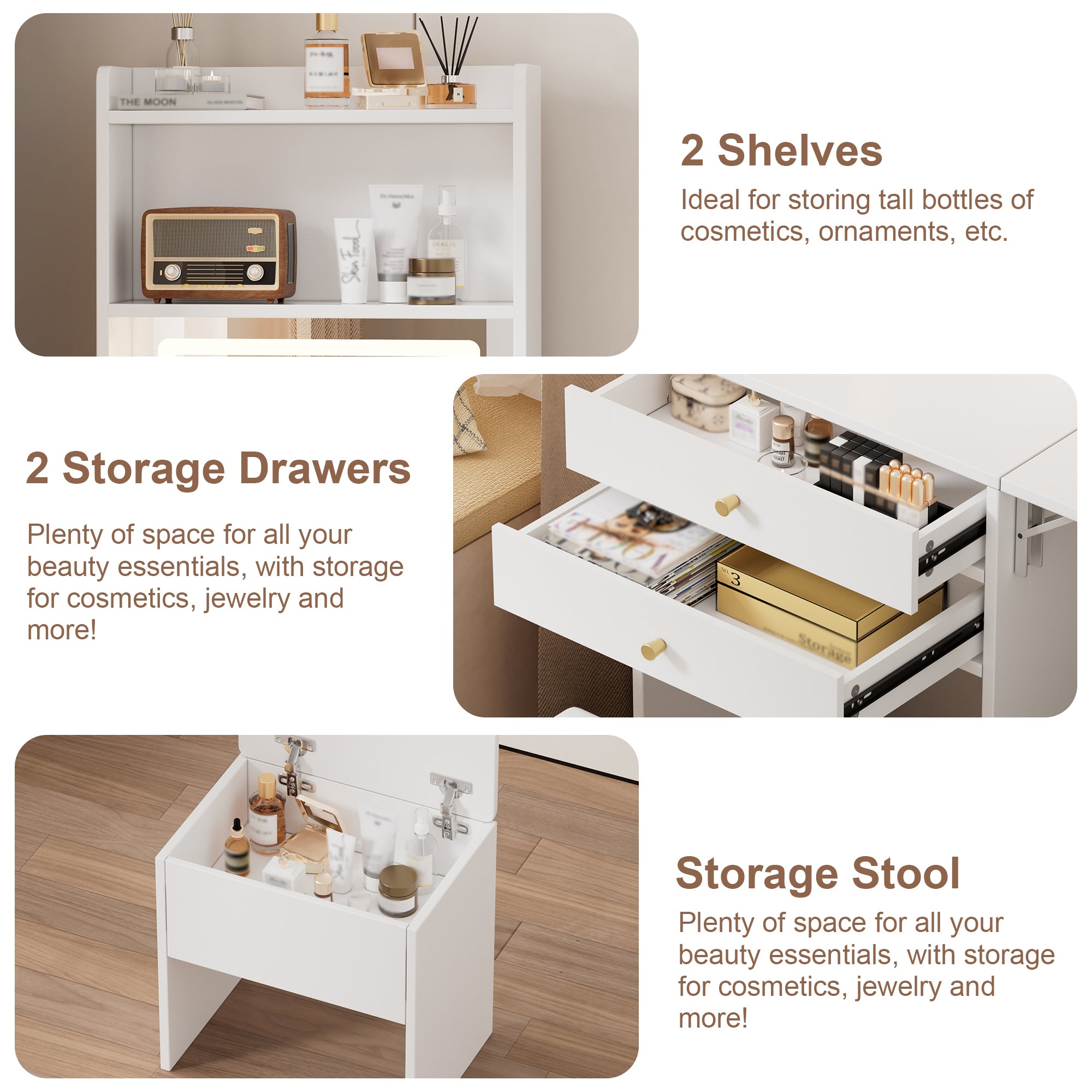 HAOYYE Small Space Vanity Table Set with 3 Adjustable Lighted Mirror and Storage Chair, Makeup Vanity Table for Small Space, White Dressing Table with Fold-up Panel for Bedroom