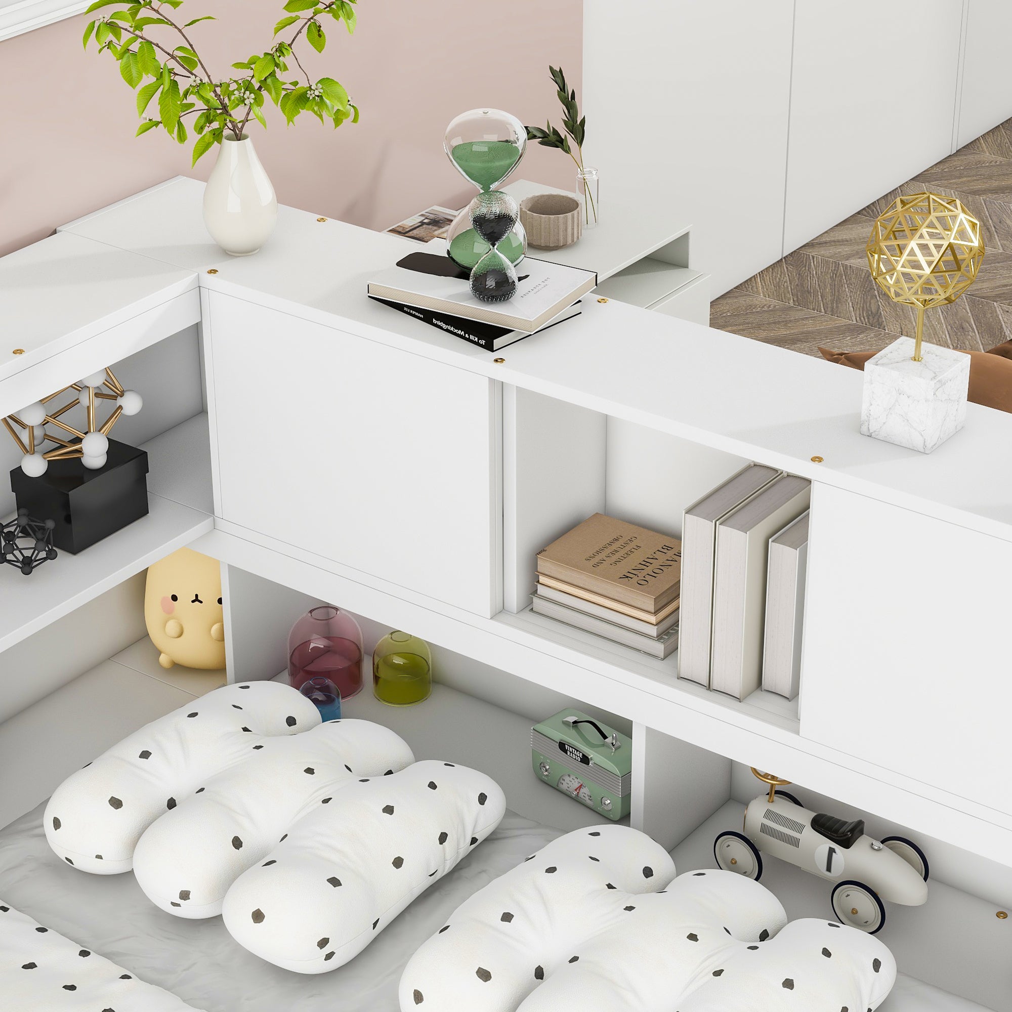HAOYYE Full Floor Bed with L-shaped Bookcases, sliding doors,without slats,White Sturdy Space-Saving Heavy Duty Modern Design Easy Assembly Durable Stylish Home Furniture Versatile