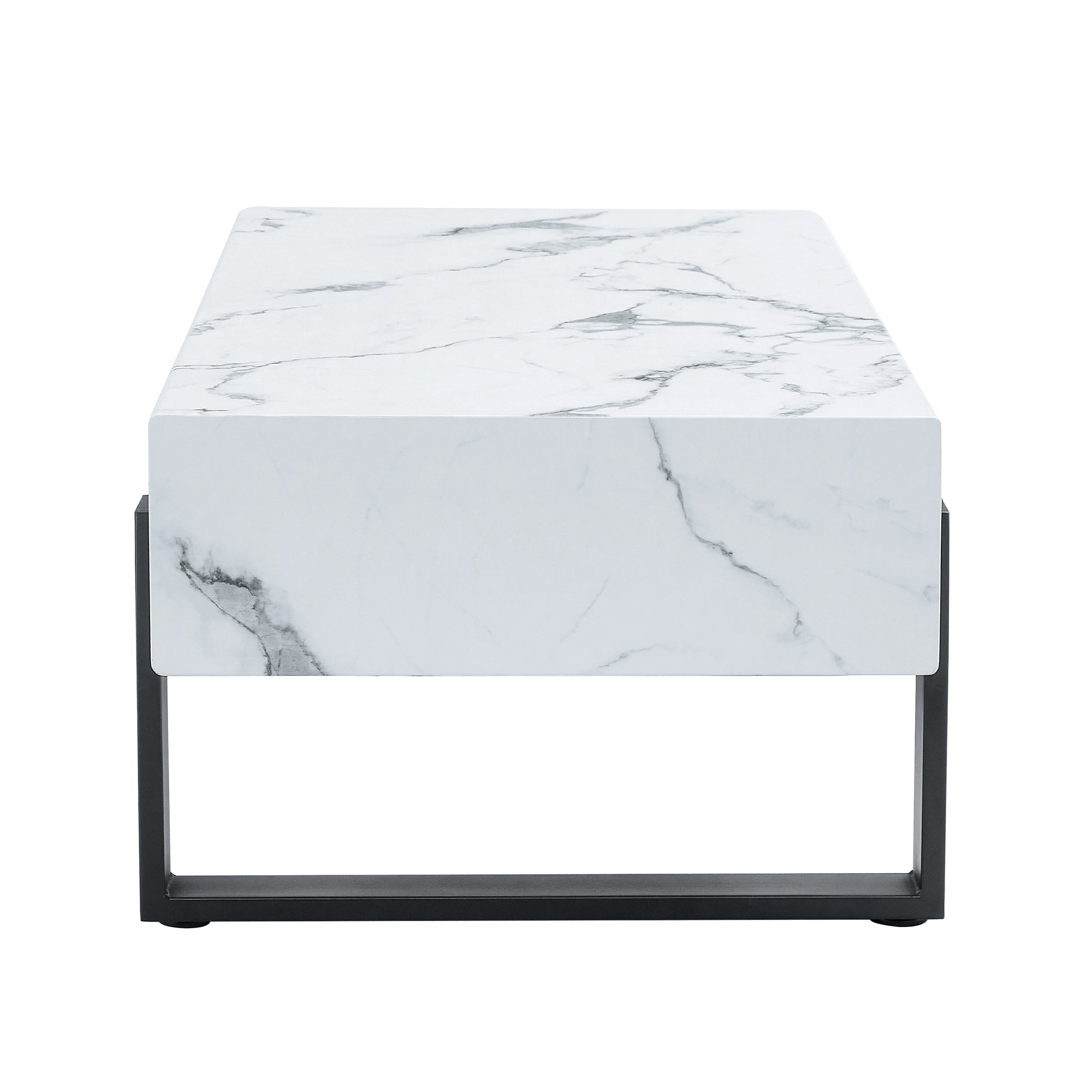 HAOYYE Black And White Minimalist MDF Coffee Table With Marble Pattern Sticker And Black Metal Leg Spray Coating, Modern And Simple Design For Living Room, Bedroom And Office, Sturdy Space-Saving Heavy Duty Furniture For Contemporary Home Decor