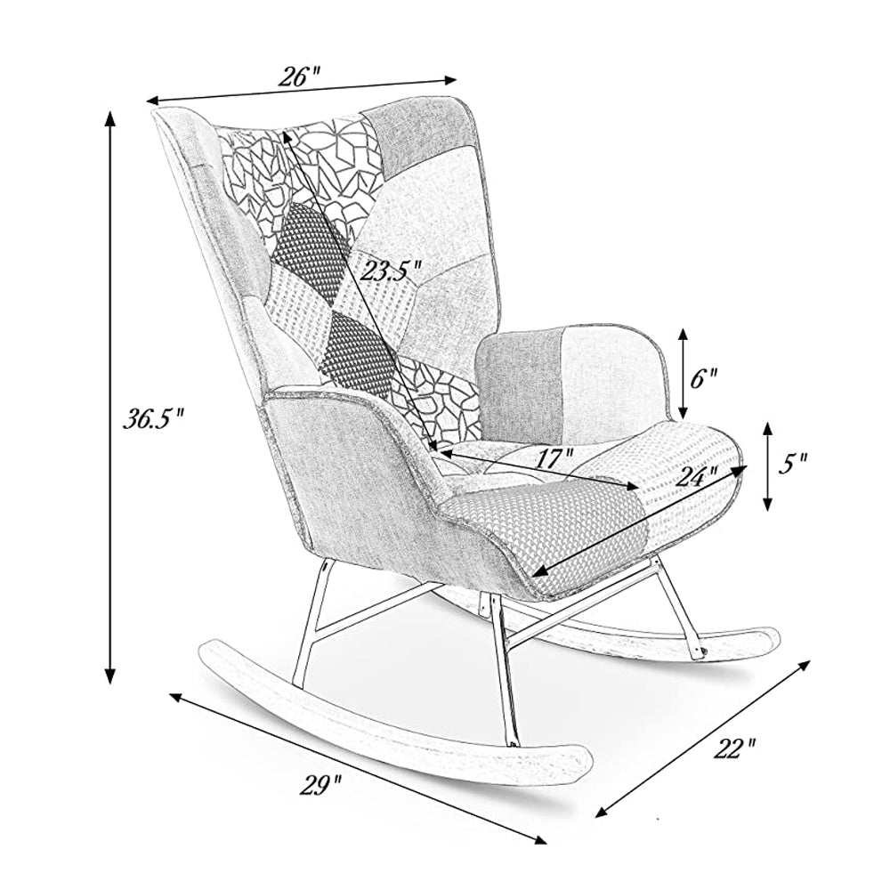 Haoyye Mid-Century Modern Rocking Chair with Patchwork Linen Upholstery, Fabric Accent Rocker with Wood Legs and High Backrest, Comfortable Retro Armchair for Living Room, Bedroom or Lounge, Sturdy Space-Saving Easy Assembly Design