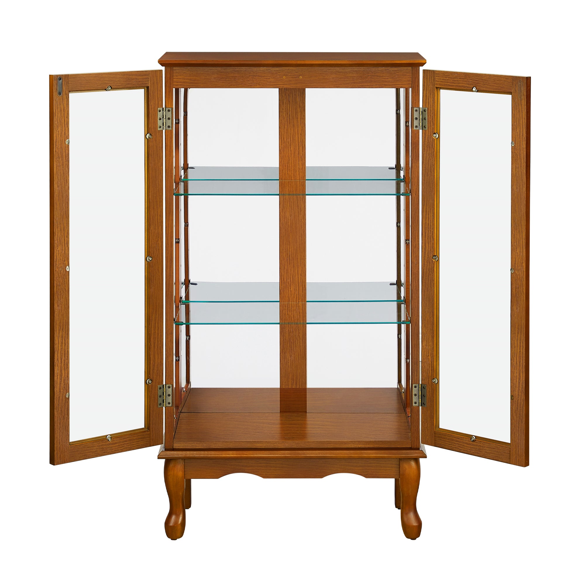 HAOYYE Curio Cabinet with Integrated Lighting and Adjustable Shelves Featuring a Mirrored Back Panel and Tempered Glass Doors in Oak Finish for Displaying Collectibles and Home Decor with Sturdy, Space Saving, Heavy Duty Construction