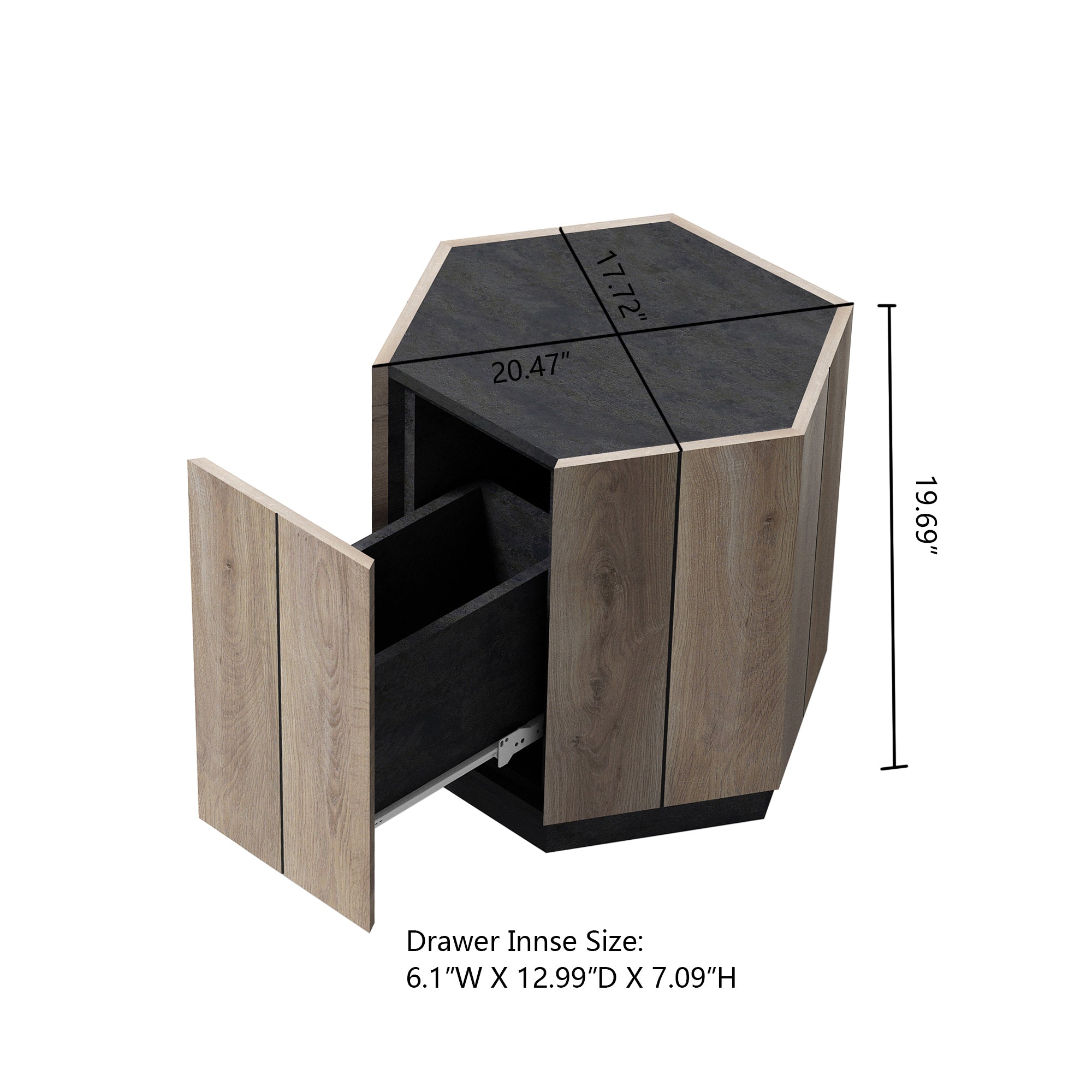 HAOYYE Hexagonal Rural-Style Side Table with Drawer, Textured Black and Warm Oak, Sturdy Space-Saving Design, Heavy Duty Construction, Modern Rustic Furniture for Living Room, Bedroom, or Corner Spaces