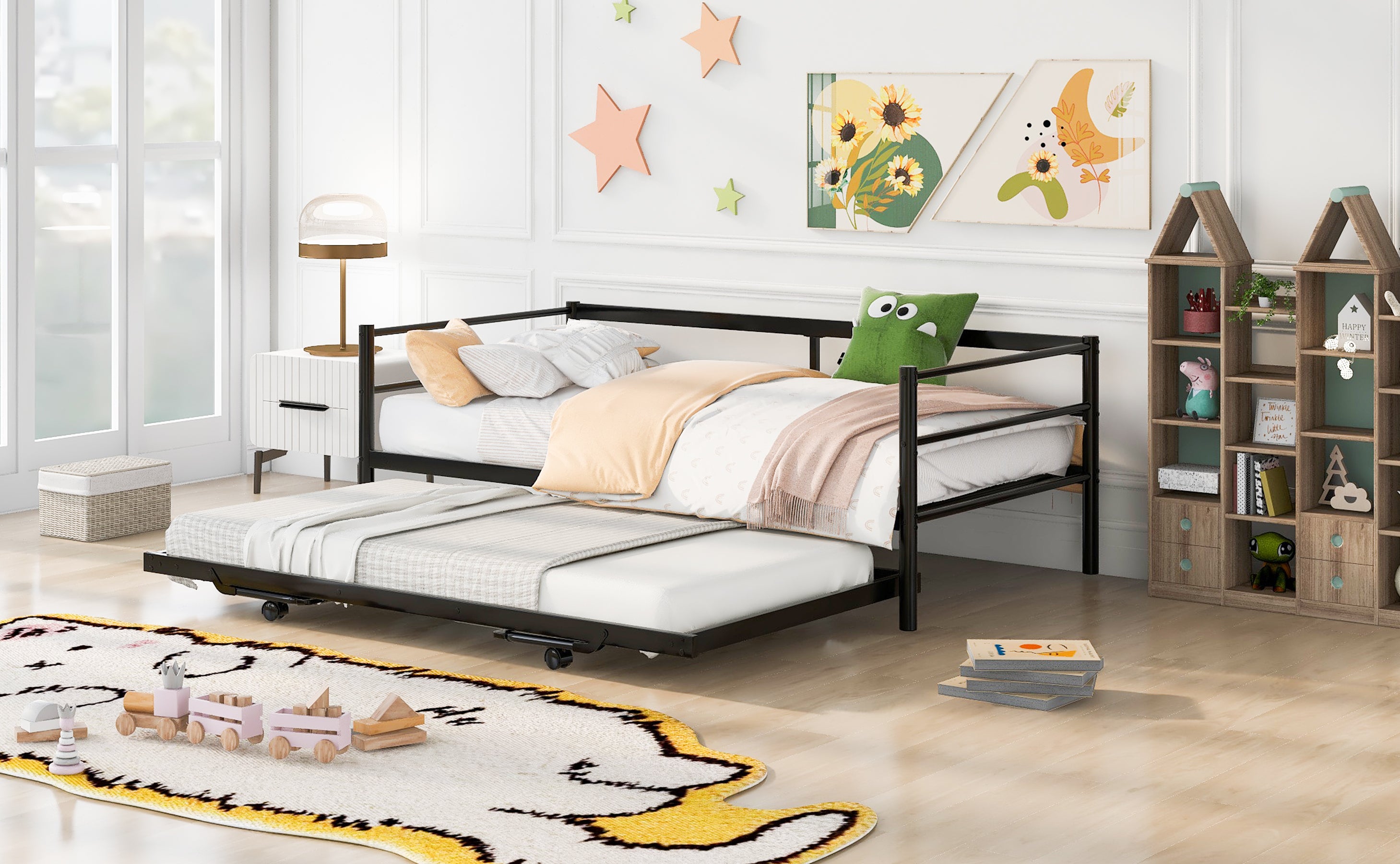 HAOYYE Twin Size Metal Daybed with Adjustable Trundle, Pop Up Trundle, Black Sturdy Space-Saving Heavy Duty Modern Design Adults Dorm Room Easy Assembly Bedroom Furniture