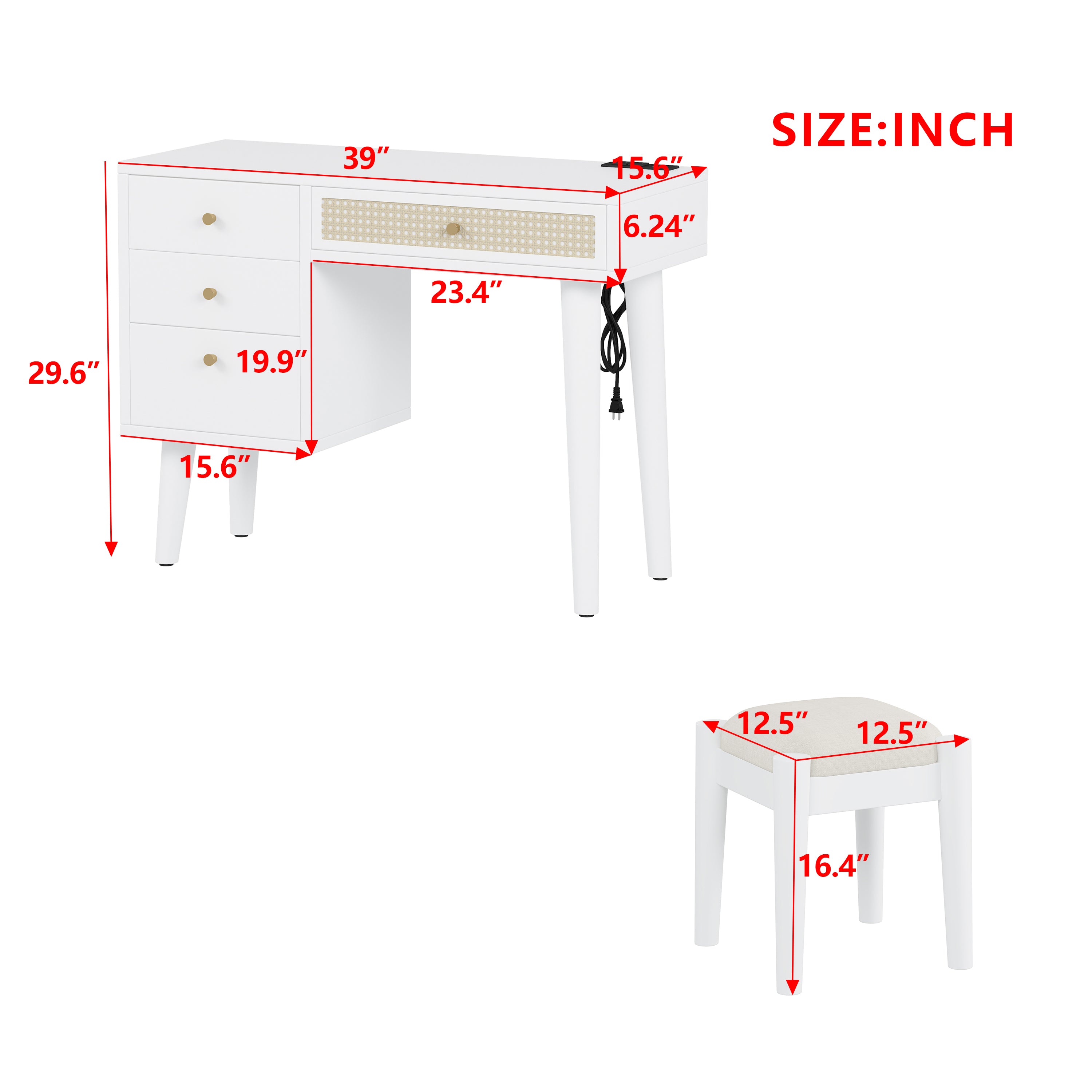 HAOYYE 39" Retro Bohemian Style Wooden Makeup Vanity Set with Charging Plug&USB Port and Stool, Dressing Table with 3 Storage Drawers and 1 Rectangular Rattan Drawer, White