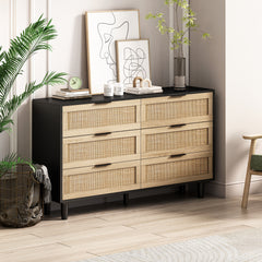 HAOYYE Black 6-Drawer Rattan Storage Cabinet, Modern Space-Saving Design for Bedroom and Living Room, Heavy Duty Construction, Easy Assembly