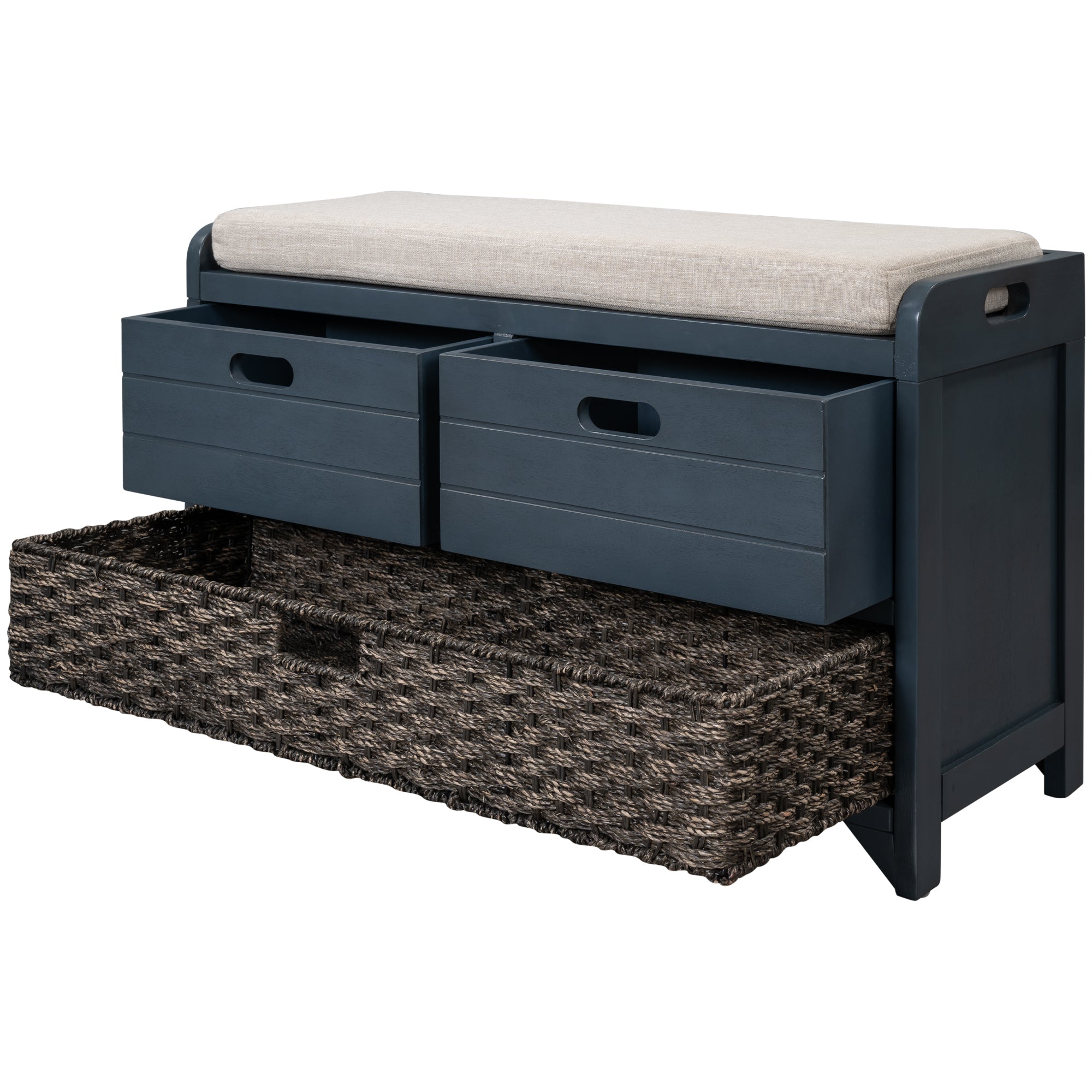 HAOYYE Storage Bench with Removable Basket and Two Drawers, Fully Assembled Shoe Bench with Removable Cushion, Navy, Sturdy Space-Saving Design, Heavy Duty Construction, Easy Assembly, Durable and Stylish Home Furniture