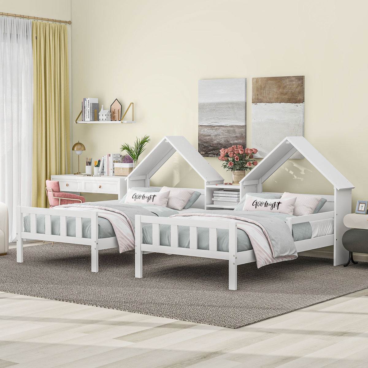 HAOYYE Double Twin Size Platform Bed with House-shaped Headboard and a Built-in Nightstand, White Sturdy Space-Saving Heavy Duty Modern Design Adults Dorm Room Easy Assembly Bedroom Furniture