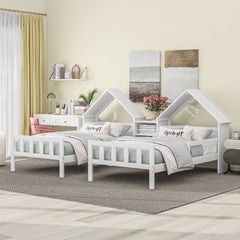 HAOYYE Double Twin Size Platform Bed with House-shaped Headboard and a Built-in Nightstand, White Sturdy Space-Saving Heavy Duty Modern Design Adults Dorm Room Easy Assembly Bedroom Furniture