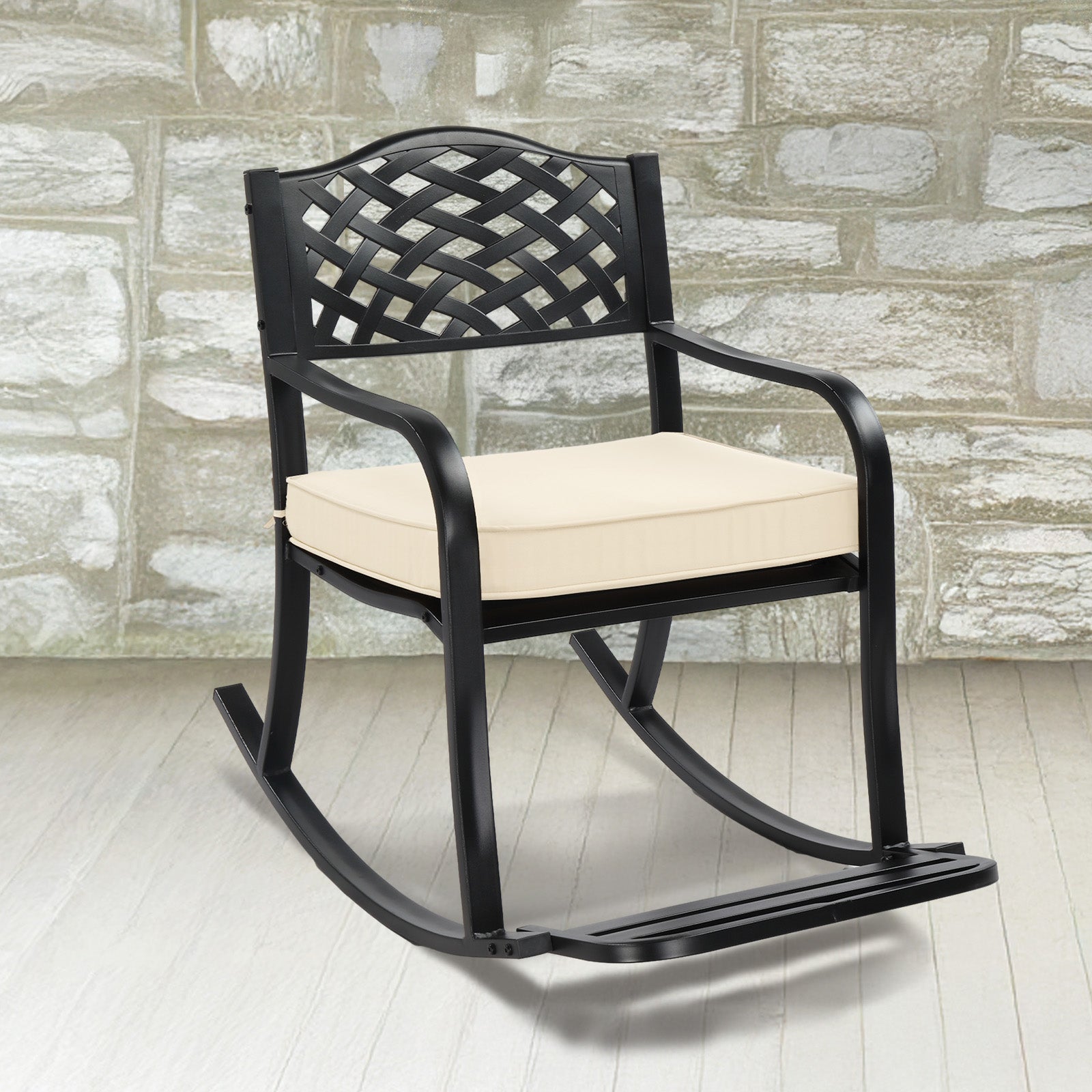 HAOYYE Metal Rocking Chair with Removable Cushion and Footrest, Weatherproof Outdoor Patio Rocker with Hole Backrest, Durable Cast Iron Construction for Garden, Porch, Yard Relaxation and Comfort