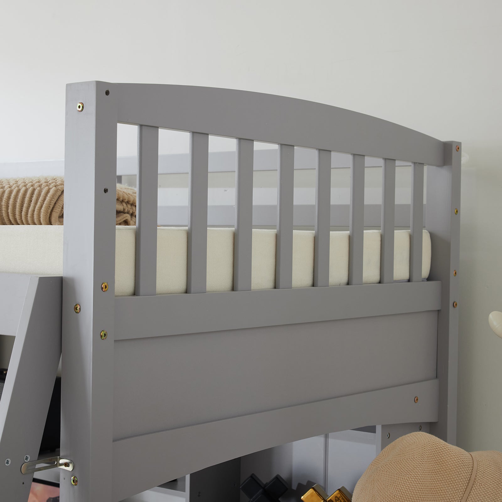 HAOYYE Loft Bed with Shelf & Desk, Inclined Ladder, Gray Twin Wooden Bed, Pine & Particle Board, Space-Saving Design for Kids, Teens, and Dorm Rooms, Sturdy Construction, Easy Assembly, Modern & Functional