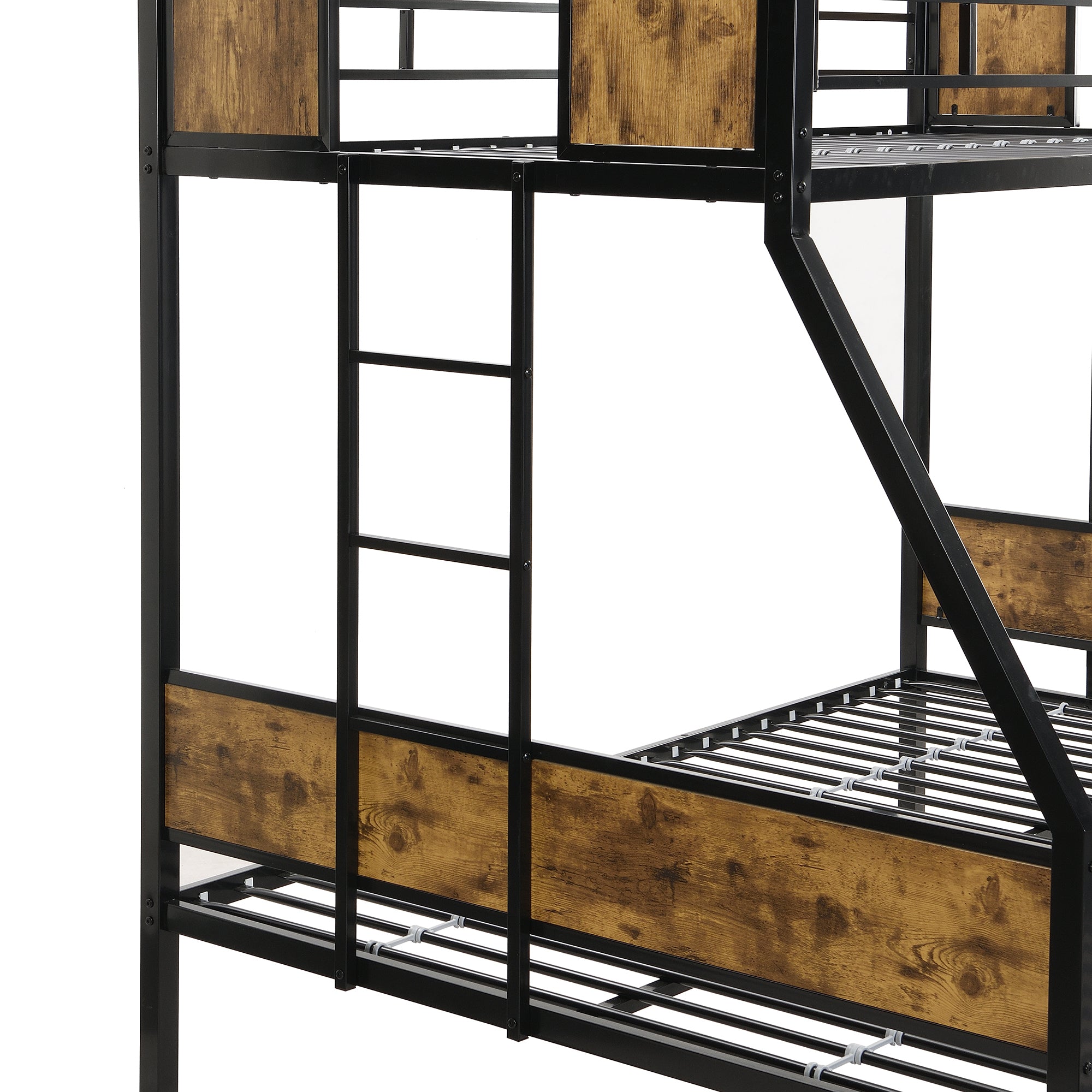HAOYYE Twin Over FULL Metal Bunk Bed with Trundle 2 - Side Ladder and Full-Length Guardrail, No Box Spring Needed, Large Under Bed Storage, Easy Assemble , Black & Brown Sturdy Space-Saving Heavy Duty