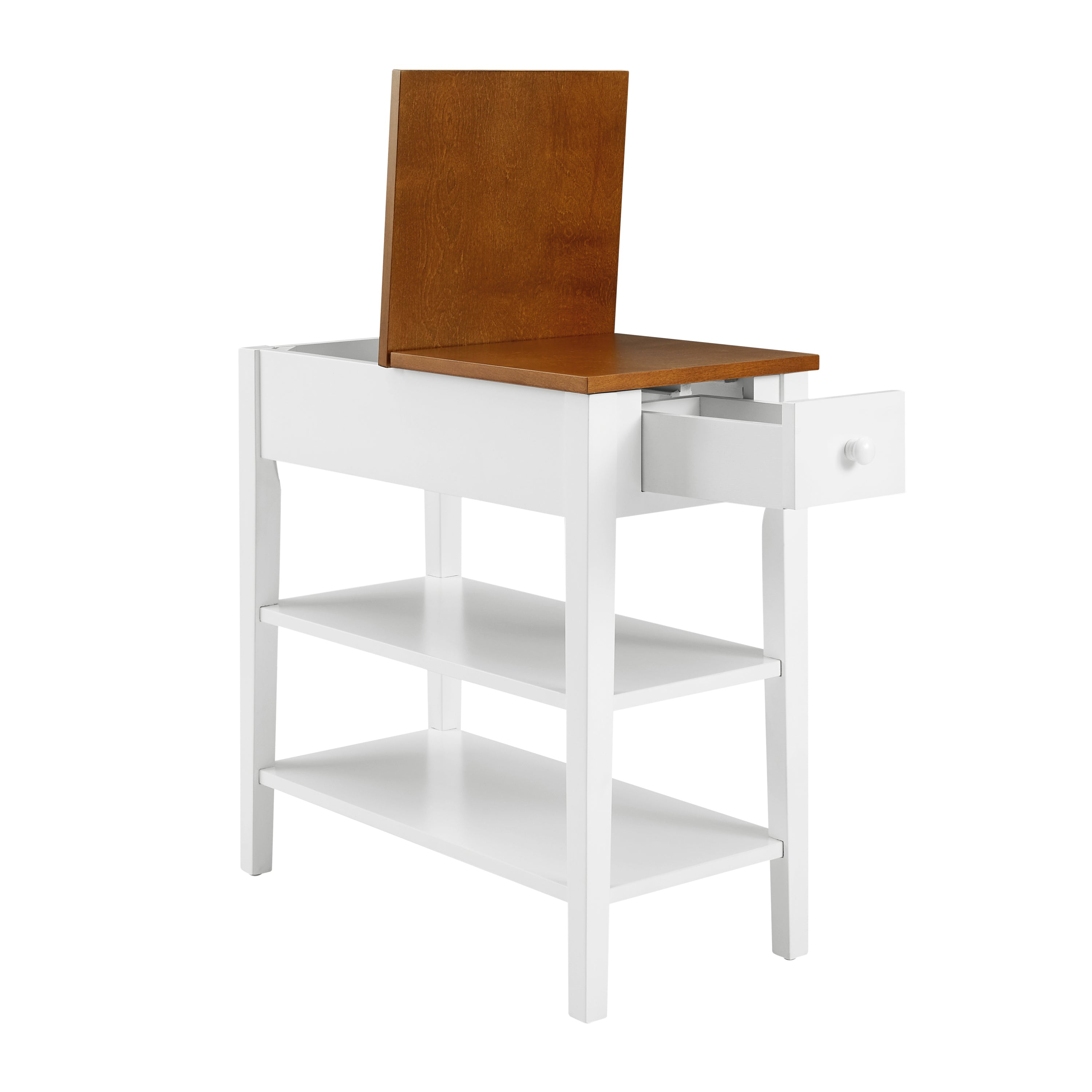 HAOYYE Narrow 2-tone End Table with USB Charging Ports for Small Space, SOLID WOOD Table Legs, White and Walnut, 11.8"W*24"D*24.2"H Sturdy Space-Saving Heavy Duty Modern Design Adults Dorm Room