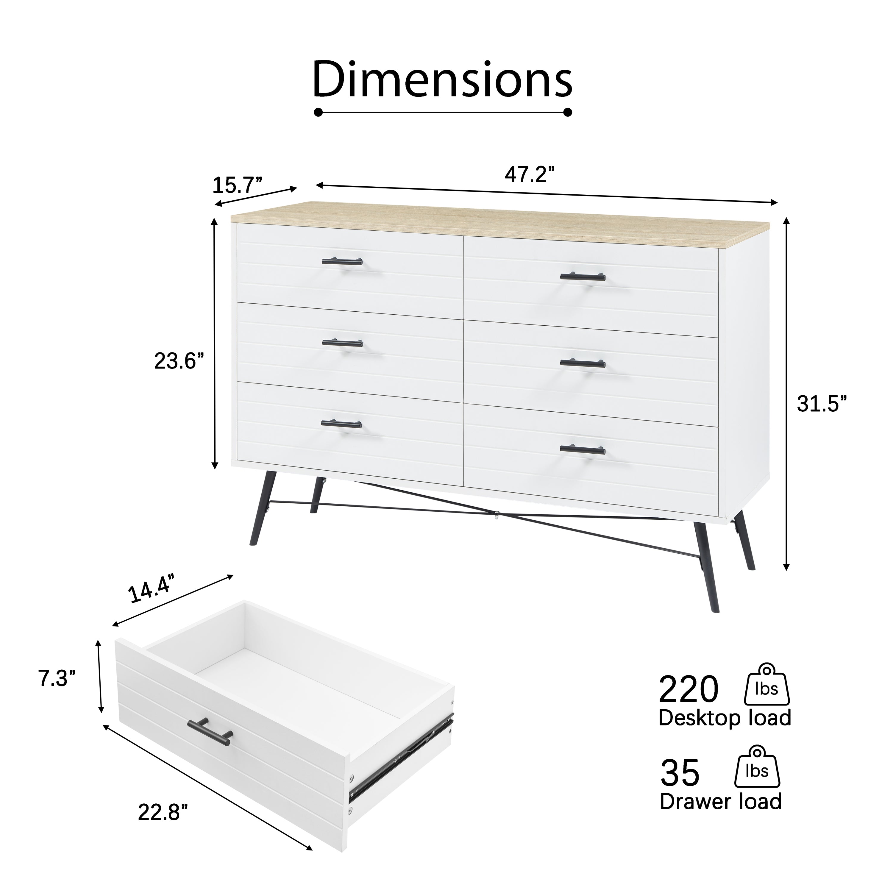 HAOYYE Modern 6-Drawer Dresser for Bedroom, Sturdy White & Oak Wood Chest of Drawers, Deep Storage for Living Room and Closet, Space-Saving Design