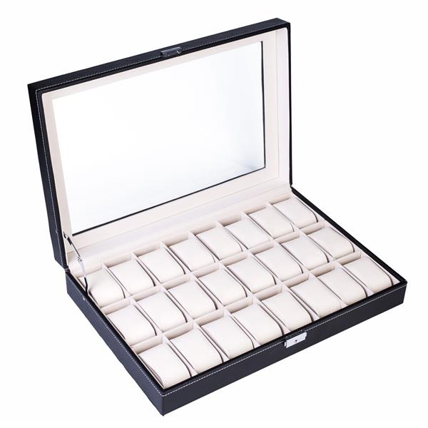 HAOYYE 24 Compartments Top-Level Opening Style Leather Watch Collection Box, Black Soft Cozy Warm Flannel Fleece Home Decor, Luxury Comfortable Unique Design, Premium Quality Decorative Storage Box for Watches, Jewelry, and Accessories