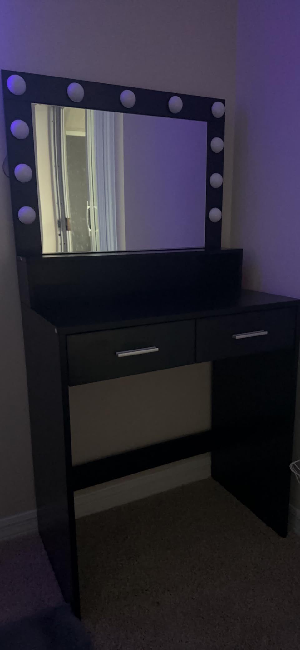 HAOYYE Vanity Desk with Mirror and Lights, Dressing Table with Large Drawer, Two-Level Storage Dresser, and Adjustable Brightness with Three Lighting Modes, Black, Sturdy Space-Saving Design, Heavy Duty Construction, Stylish and Durable Home Furniture