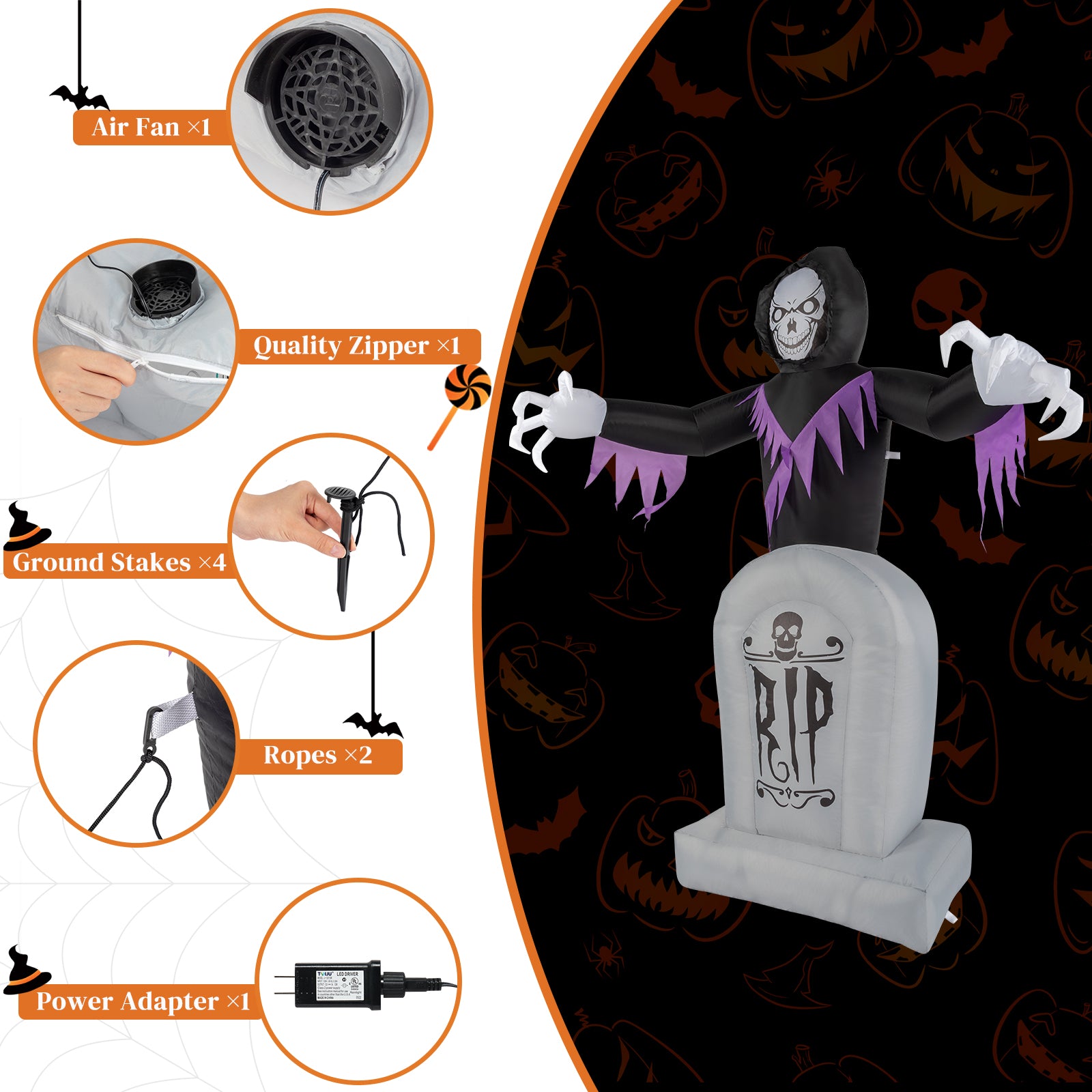 HAOYYE Halloween Inflatable Decoration Black 3-Piece Grim Reaper and Grave Set with LED String Lights Powerful Blower Easy Setup Waterproof Polyester for Garden Yard Lawn Patio Outdoor Party