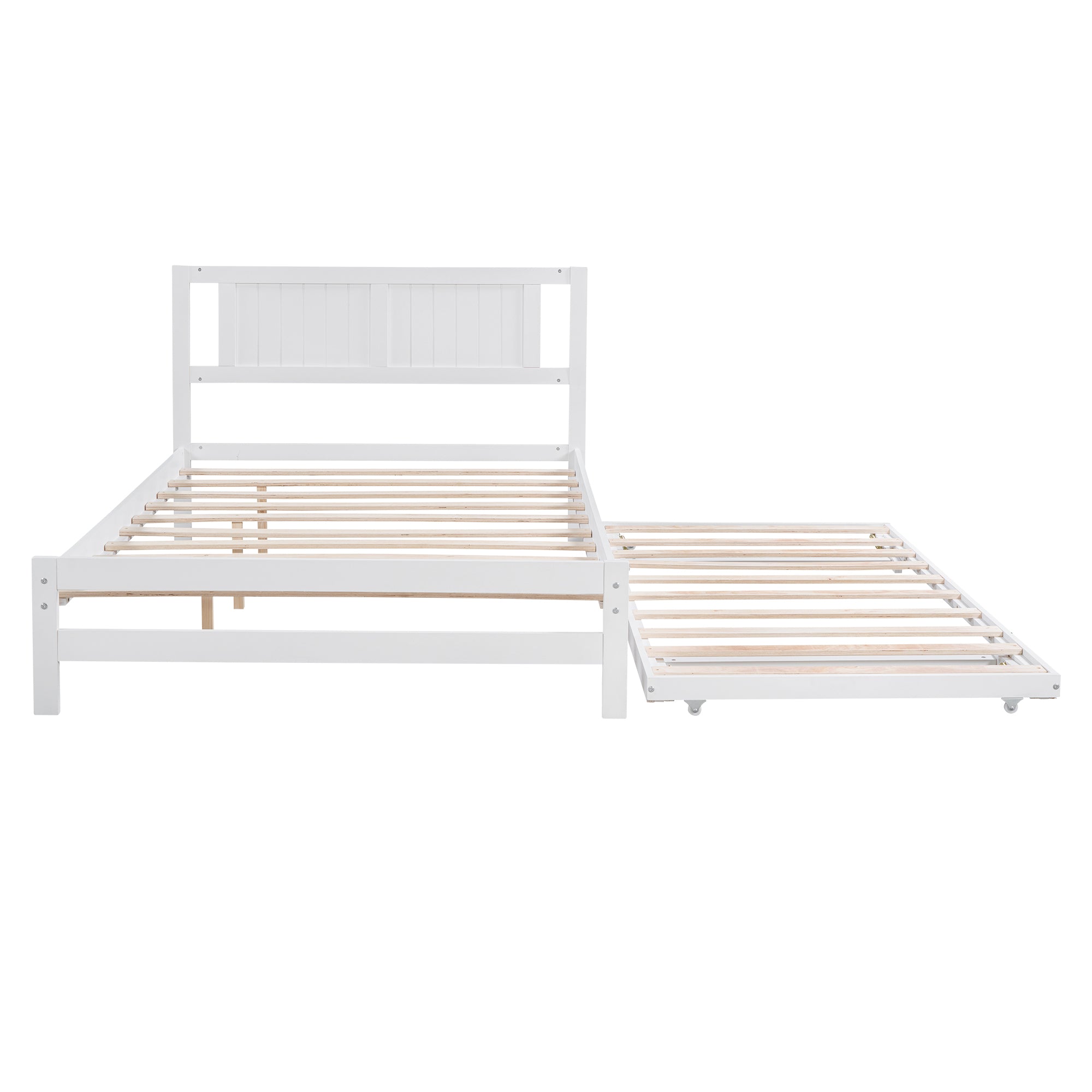 HAOYYE Full Size Platform Bed with Adjustable Trundle, White, Space-Saving Modern Design, Sturdy and Heavy-Duty Wood Frame, Ideal for Guest Room, Apartment, or Dorm, Easy Assembly Bedroom Furniture