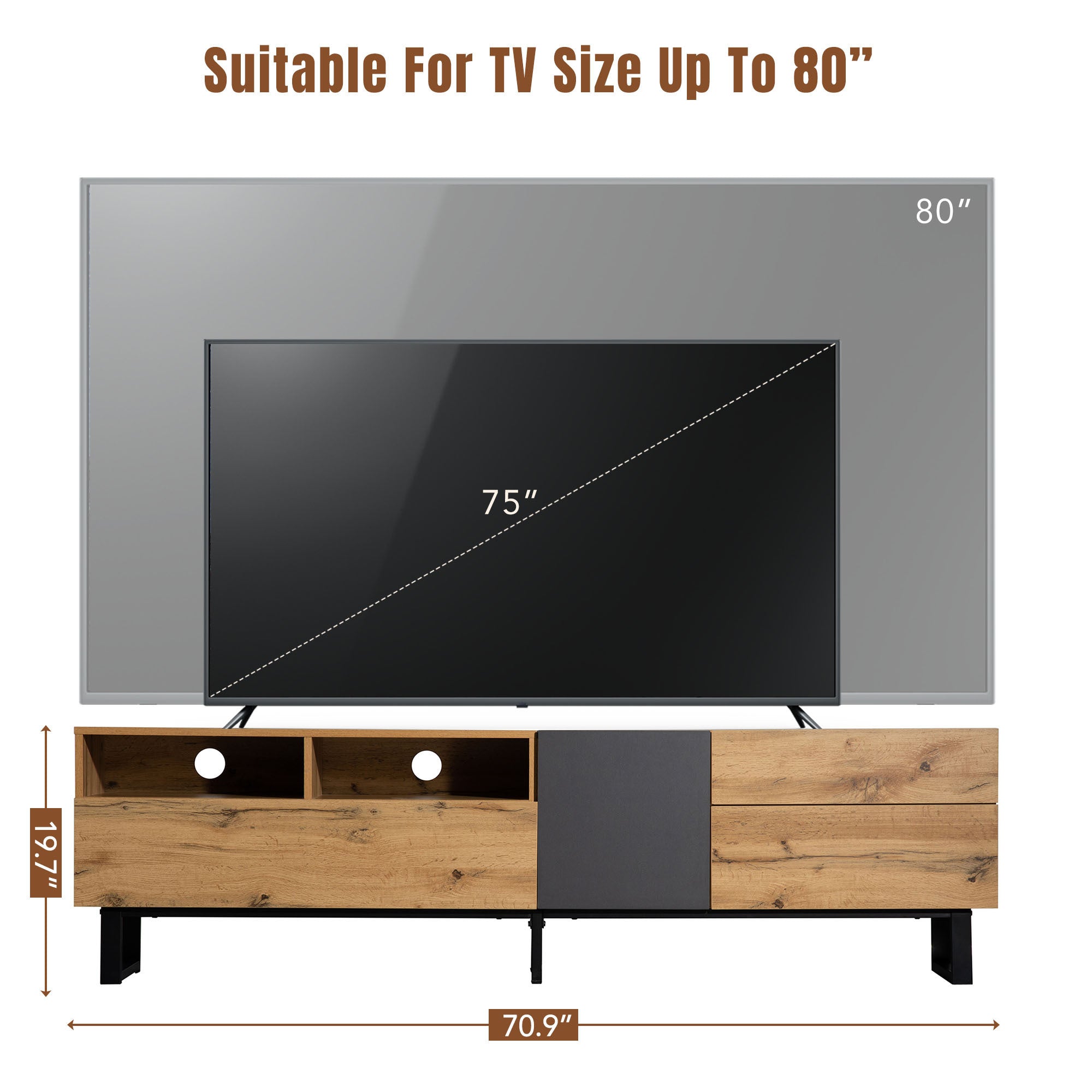 HAOYYE Modern TV Stand for 80'' TV with Double Storage Space, Media Console Table, Entertainment Center with Drop Down Door for Living Room, Bedroom, Home Theatre Sturdy Space-Saving Heavy Duty Modern Design