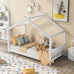 HAOYYE Twin Size House Platform Bed with Headboard and Footboard,Roof Design,White Sturdy Space-Saving Heavy Duty Modern Design Adults Dorm Room Easy Assembly Bedroom Furniture