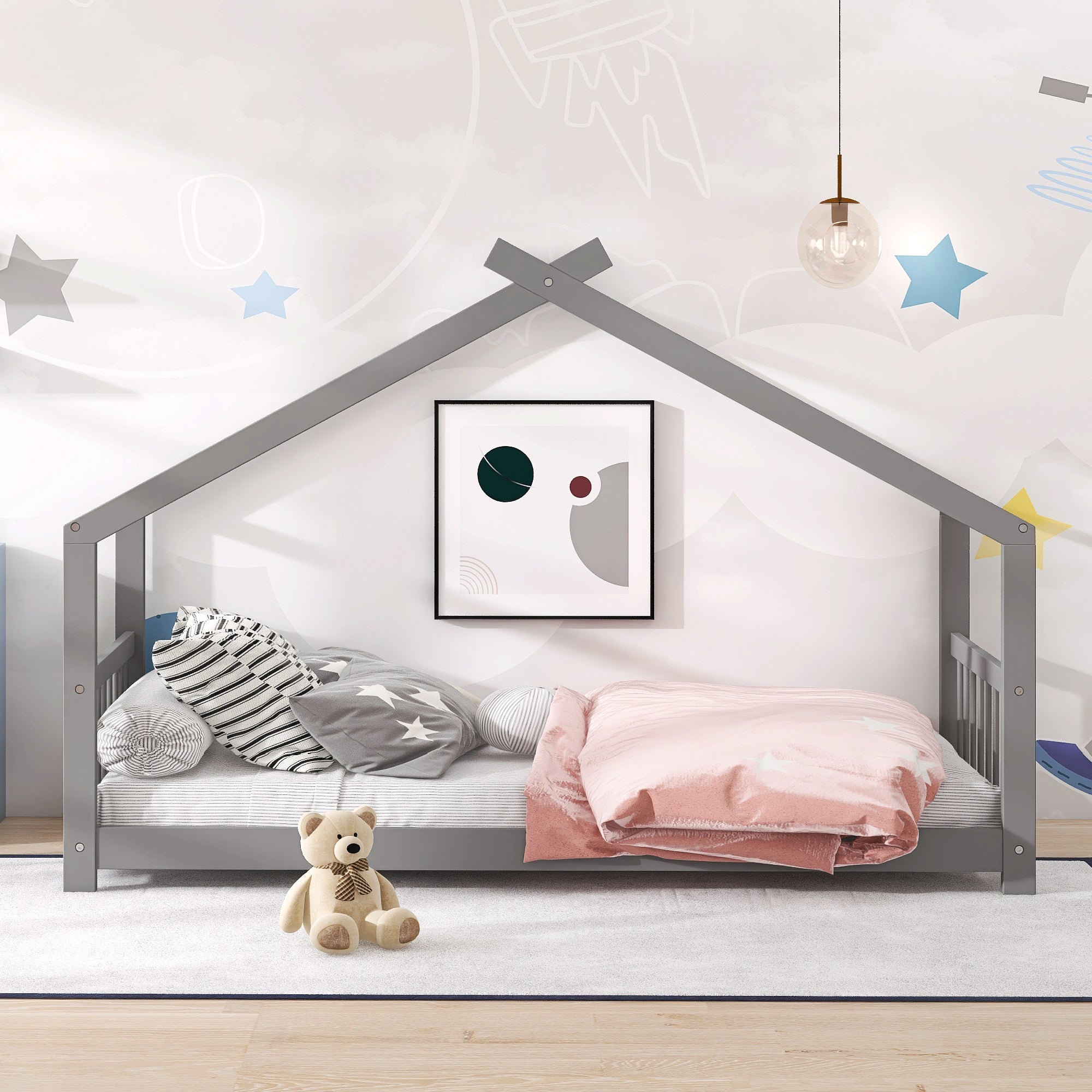 HAOYYE Twin Size House Bed Wood Bed, Gray Sturdy Space-Saving Heavy Duty Modern Design Adults Dorm Room Easy Assembly Bedroom Furniture