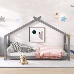 HAOYYE Twin Size House Bed Wood Bed, Gray Sturdy Space-Saving Heavy Duty Modern Design Adults Dorm Room Easy Assembly Bedroom Furniture