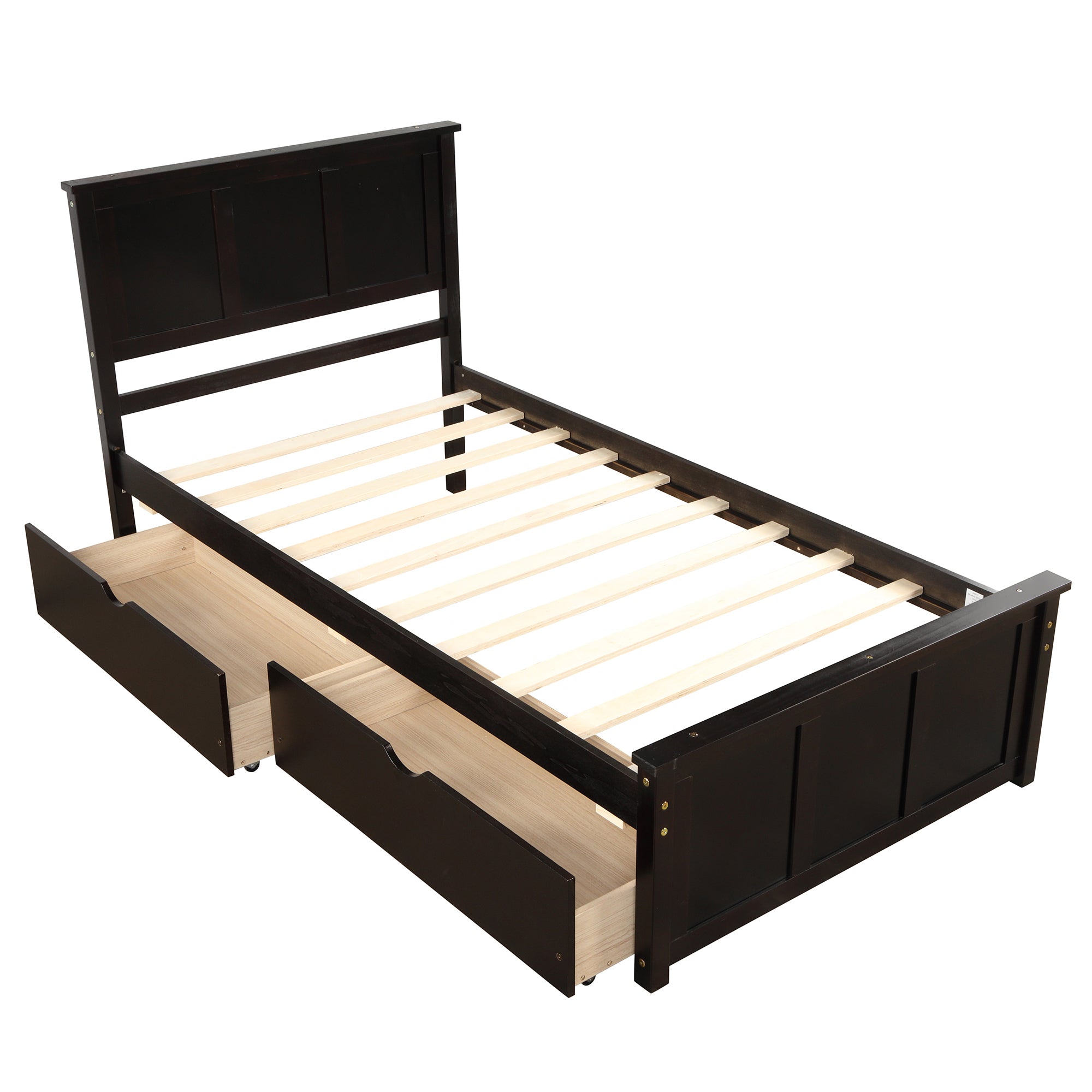 HAOYYE Platform Storage Bed, Twin Size Frame with Two Drawers on Wheels, Espresso, Sturdy Space-Saving Design, Heavy Duty Construction, Easy Assembly, Durable and Stylish Home Furniture