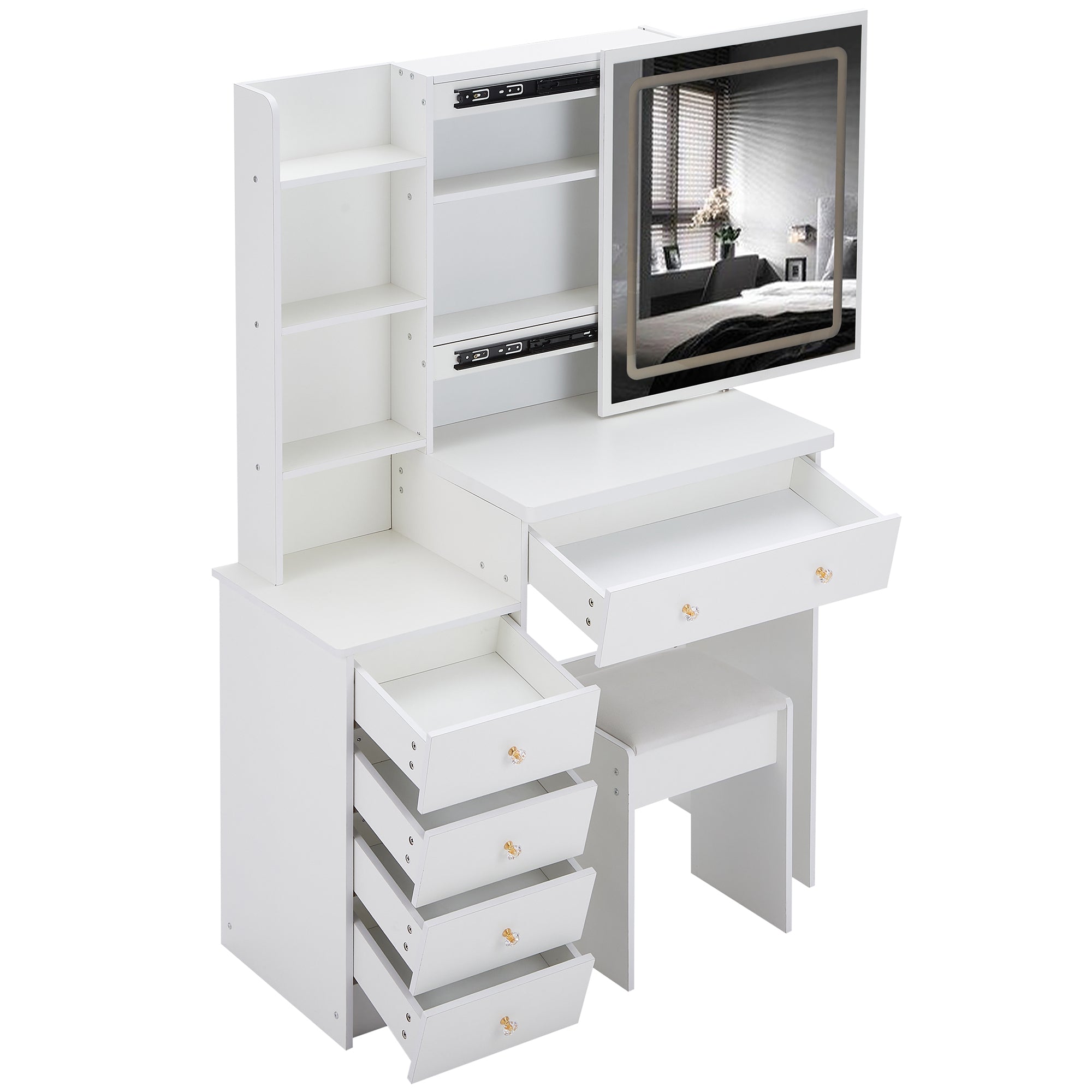 HAOYYE 37" Middle Size Left Bedside Cabinet Vanity Table + Cushioned Stool Dresser Set, 2 AC+2 USB Socket, Hair Dryer Stand, Large Touch Control LED Sliding Mirror, 3-color Switch, EPA, GCC, UL Certificate