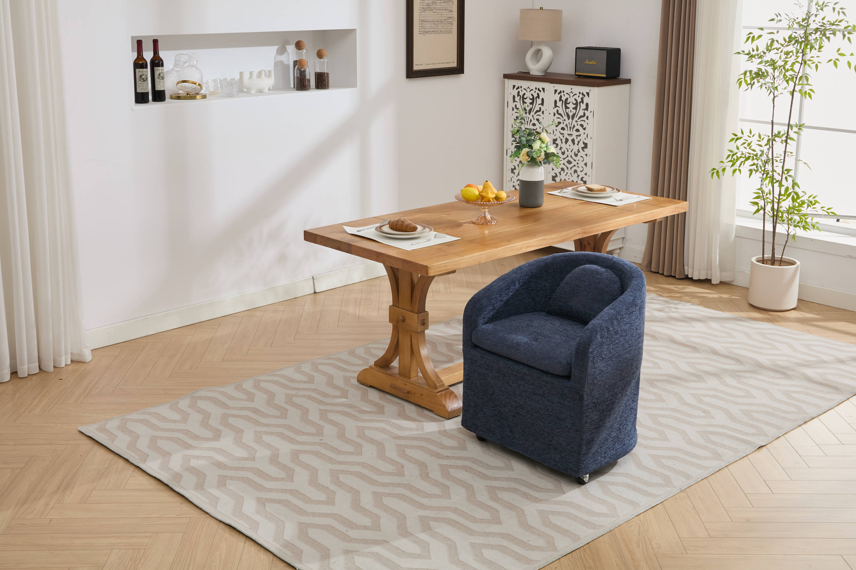HAOYYE 059-Set of 1 Chenille Fabric Dining Armchair With Back Cushion and Universal Wheels,Blue Sturdy Space-Saving Heavy Duty Modern Design Adults Dorm Room Easy Assembly Bedroom Furniture