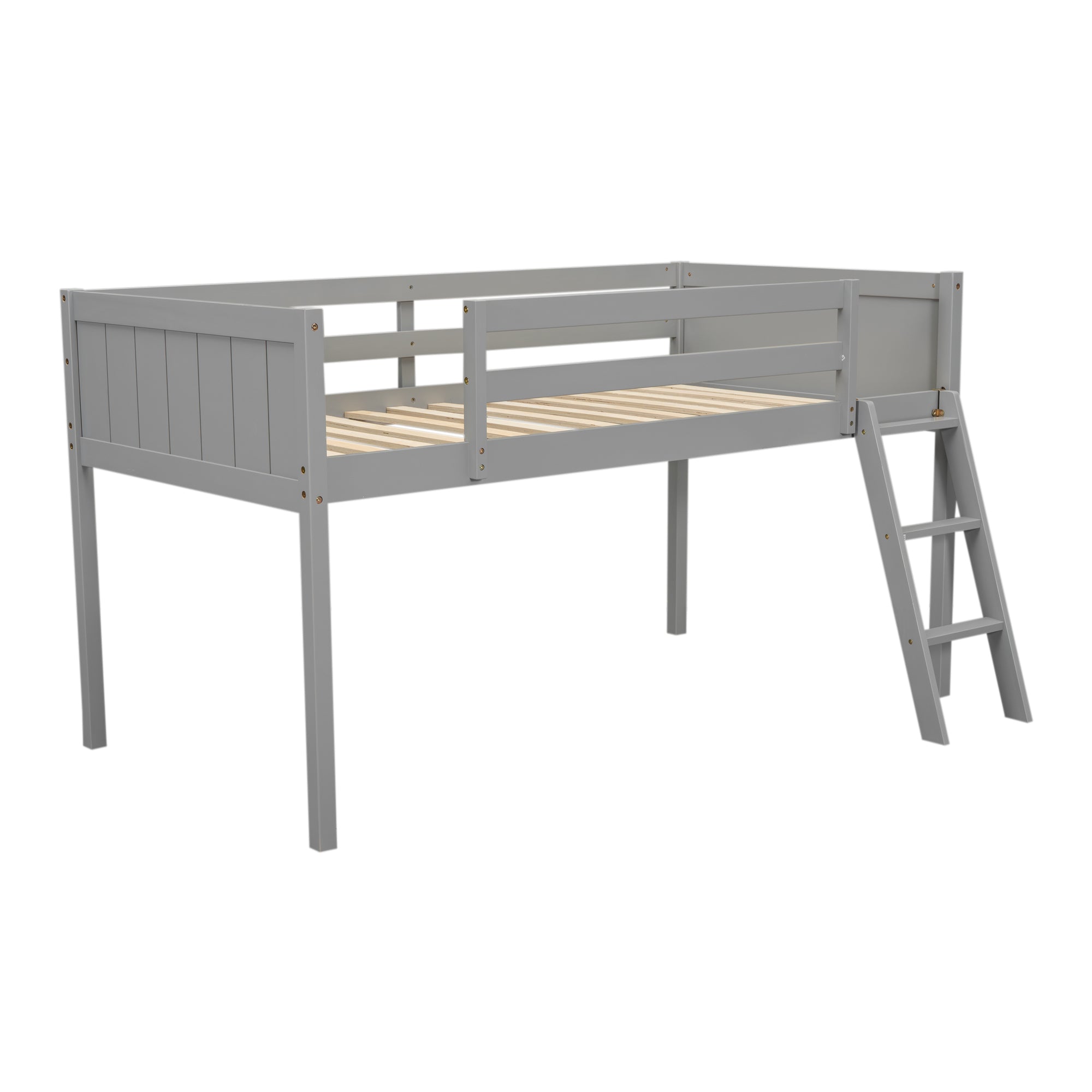 HAOYYE Twin Size Wood Low Loft Bed with Ladder, ladder can be placed on the left or right, Gray Sturdy Space-Saving Heavy Duty Modern Design Adults Dorm Room Easy Assembly Bedroom Furniture