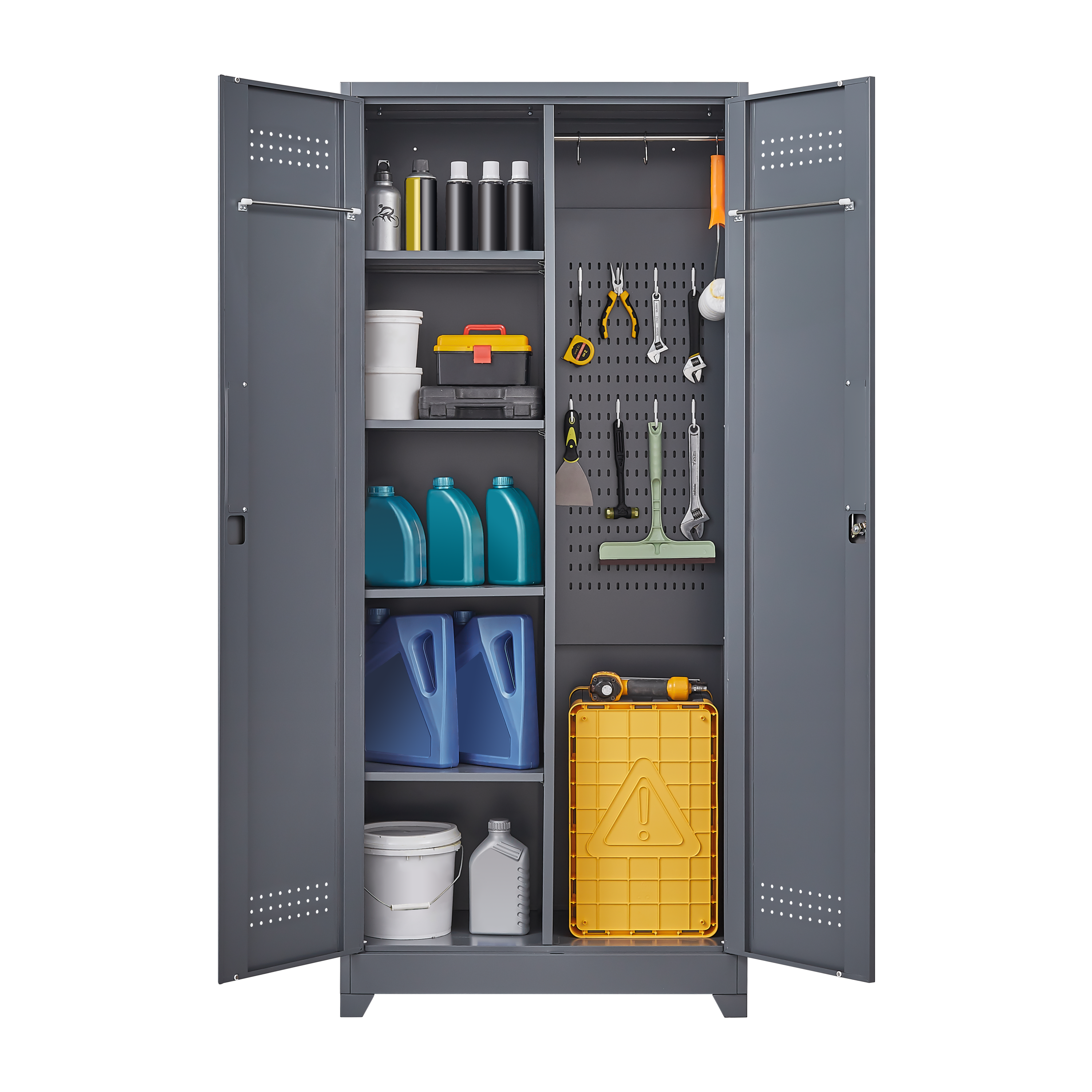 HAOYYE Metal Storage Cabinets, Cleaning Tool Cabinet with Locking Door, Tall Broom Tool Organizer and Storage, Large Storage Cabinet for Kitchen, Pantry, Office, Shop Sturdy Space-Saving Heavy Duty Durable