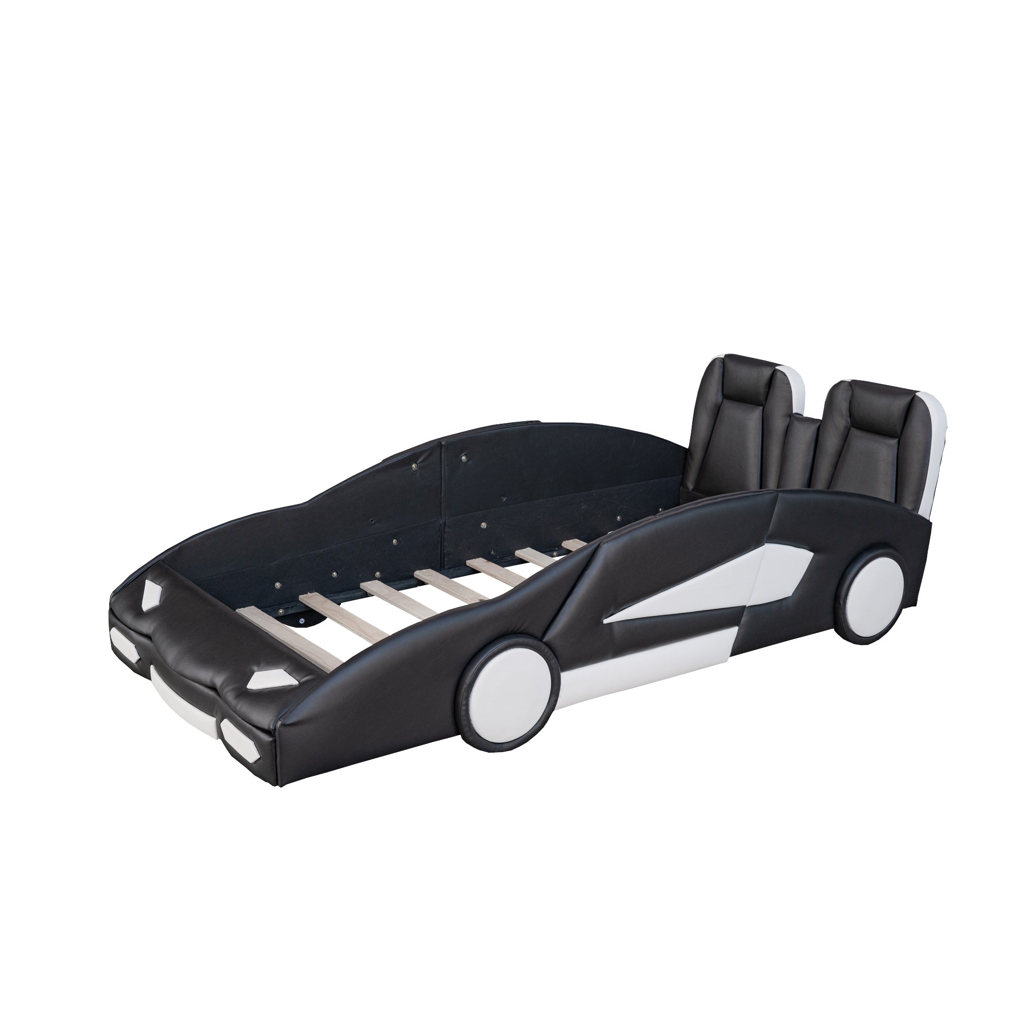 HAOYYE Twin Size Race Car-Shaped Platform Bed with Wheels, Black Sturdy Space-Saving Heavy Duty Modern Design Adults Dorm Room Easy Assembly Bedroom Furniture